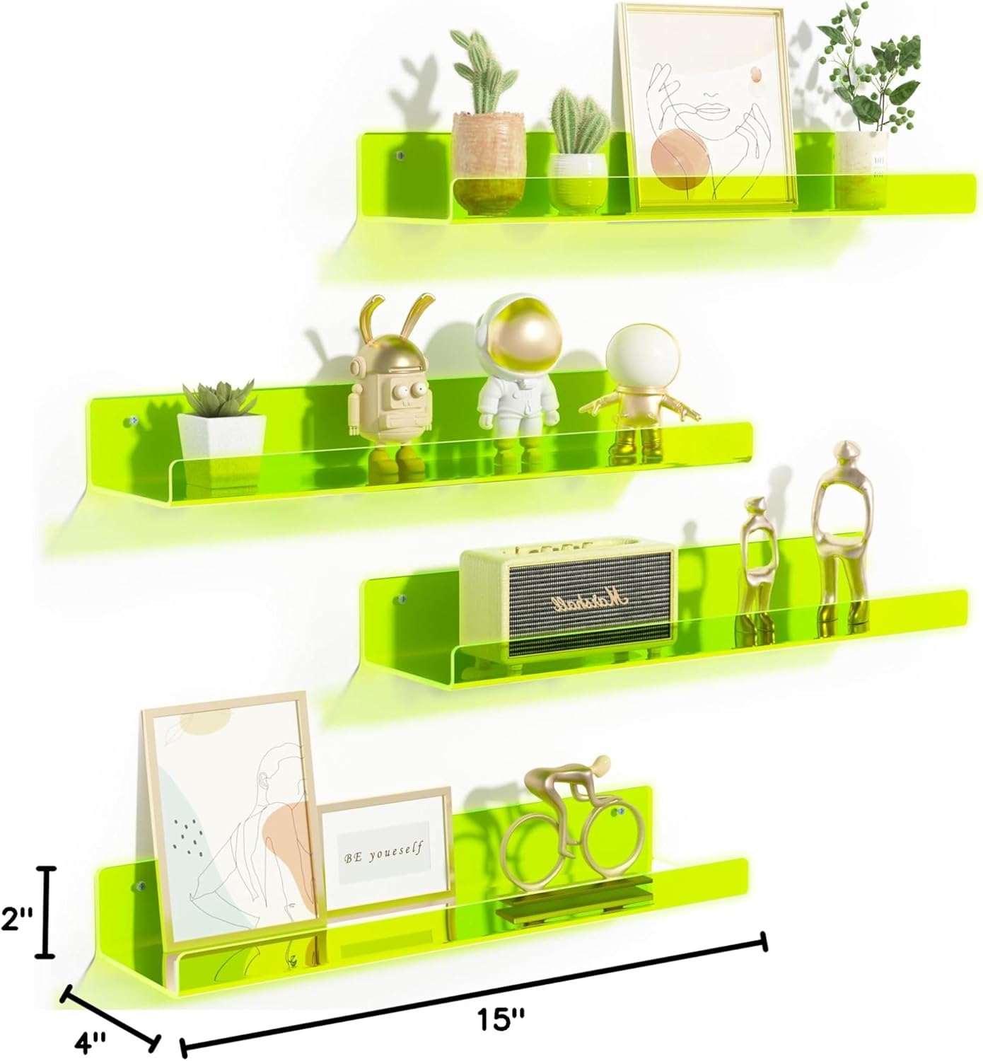upsimples Acrylic Shelves for Wall Decor, 15" Display Shelf for Figure, Nail Polish, Wall Organizer for Bathroom, Bedroom, Living Room, Playroom, Kids Bookshelf, Clear Fluorescent Green, 4 Pack
