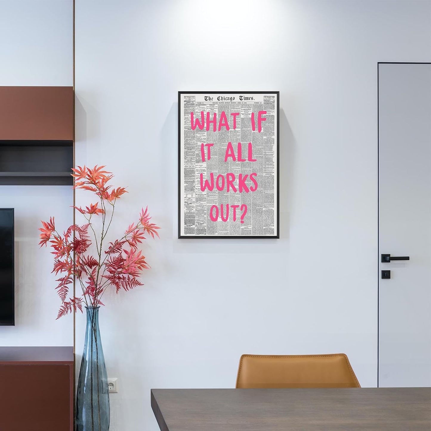 Liyark Retro Trendy Newspaper Canvas Wall Art - 'What If All Works Out' Poster - Positive Affirmation Quote - Pink Font - Minimalist Home Decor - Framed 16x24in