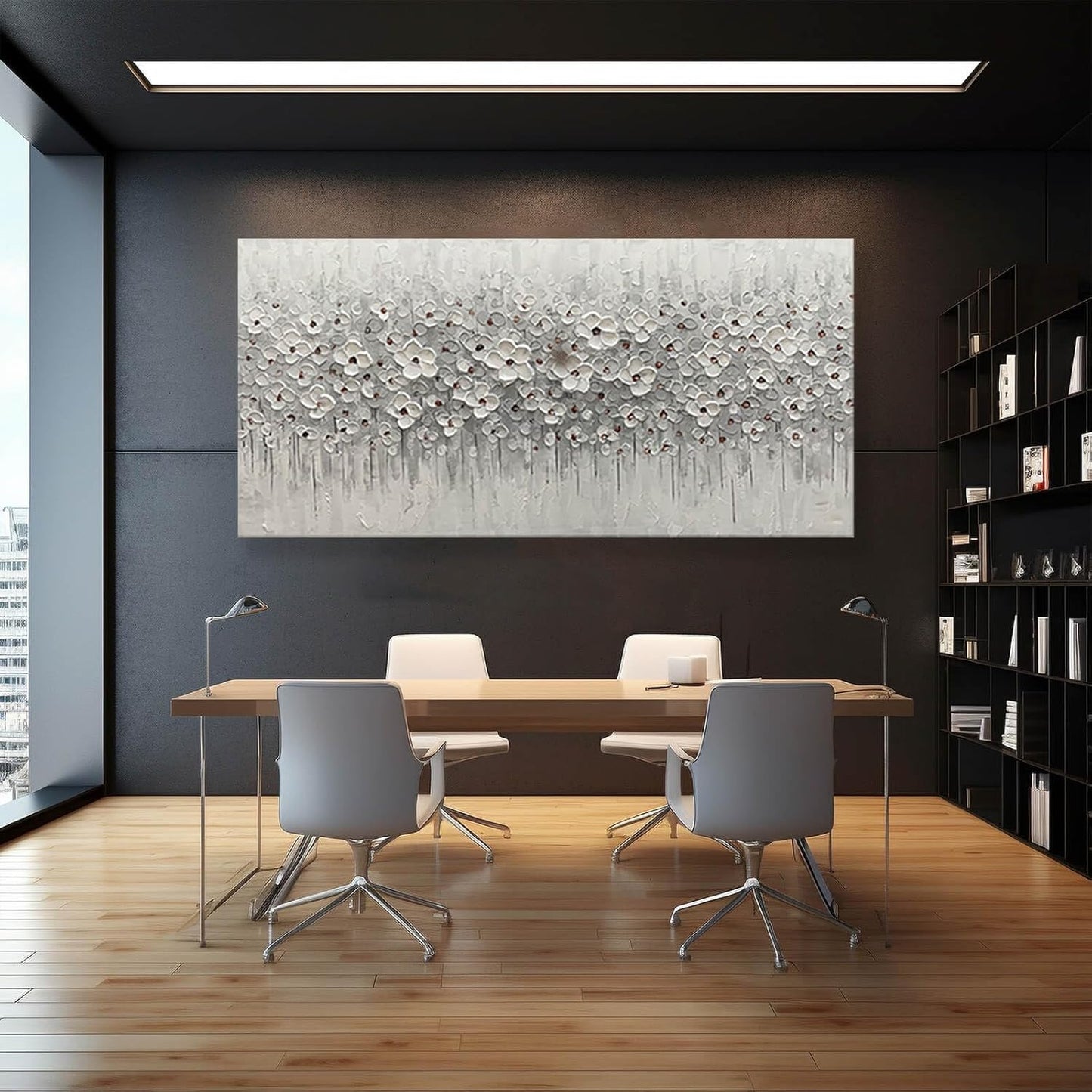 Large Canvas Wall Art for Living Room White Flowers Picture Hand-Painted Oil Painting Framed Artwork Modern Gallery Plant Decor Wall Decorations for Bedroom Bathroom Size 60x30 inch Ready to Hang