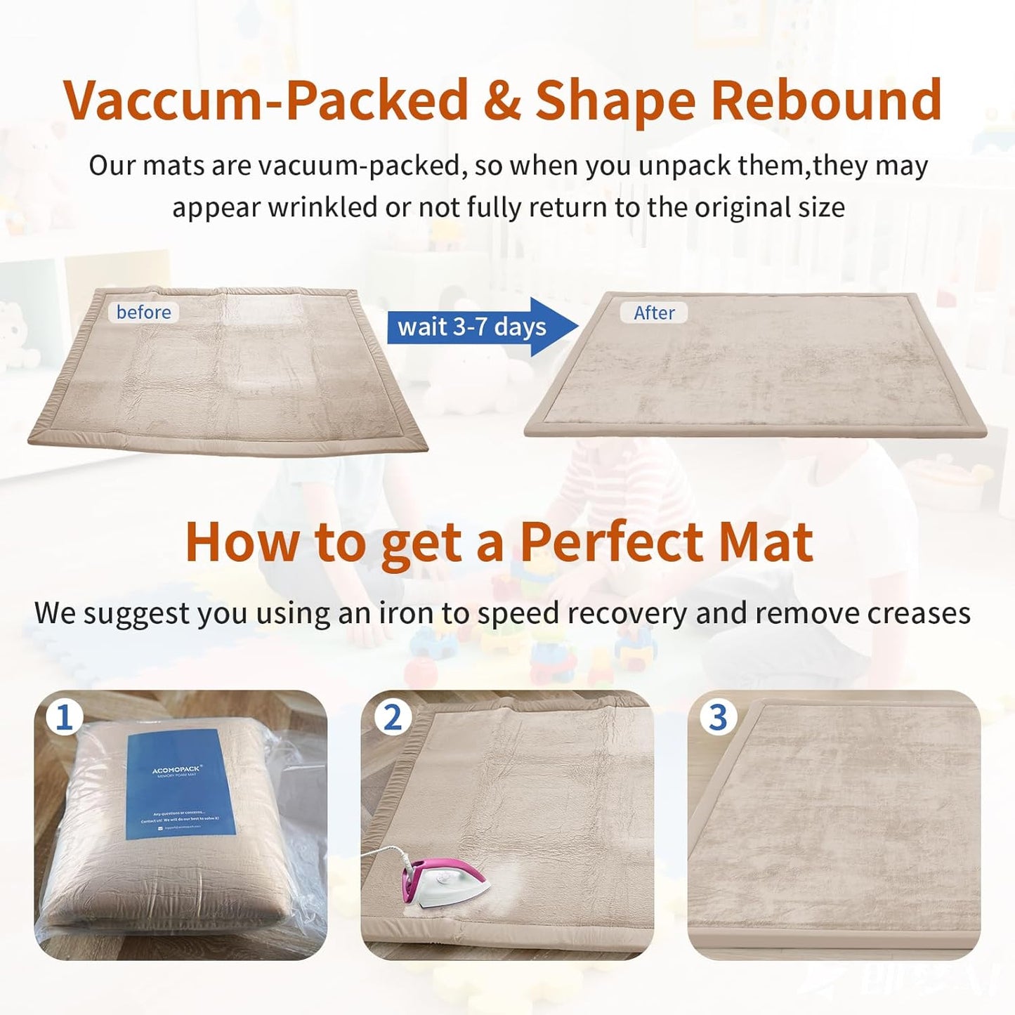 ACOMOPACK Baby Play Mat for Floor,1.3" Thick Memory Foam Area Rug for Living Room,Soft Velvet Crawling with Non-Slip Bottom for Kid,Toddler,39"×59" Tummy Time Nursery Rugs,Yoga（Beige）