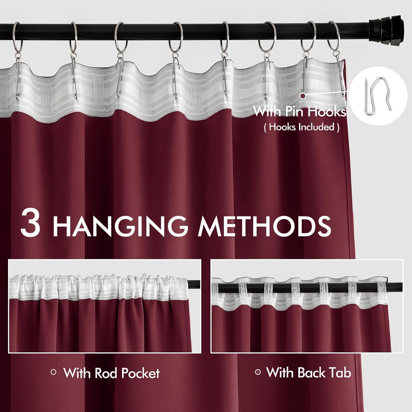 MIULEE Wine Red Back Tab Blackout Curtains 90 Inches Long 2 Panels Set for Living Room Bedroom Privacy, Rod Pocket/Pinch Pleat Thermal Insulated Room Darkening Pleated Light Blocking Drapes