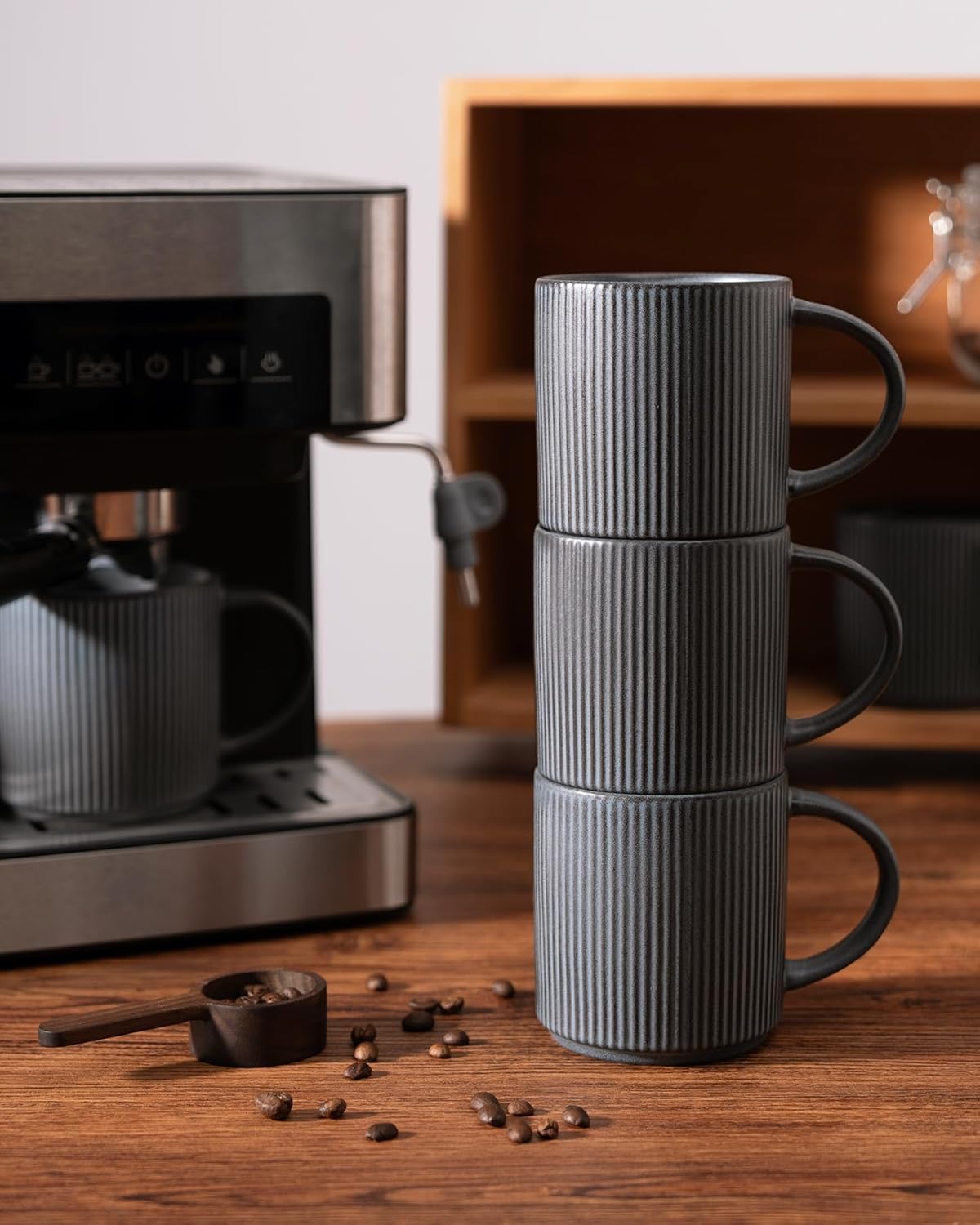 famiware Coffee Mug Set for 4, Star 12 oz Catering Mugs Cup Set with Handle for Coffee, Tea, Cocoa, Milk - Ceramic Stoneware Drinkware Set, Matte Dark Charcoal