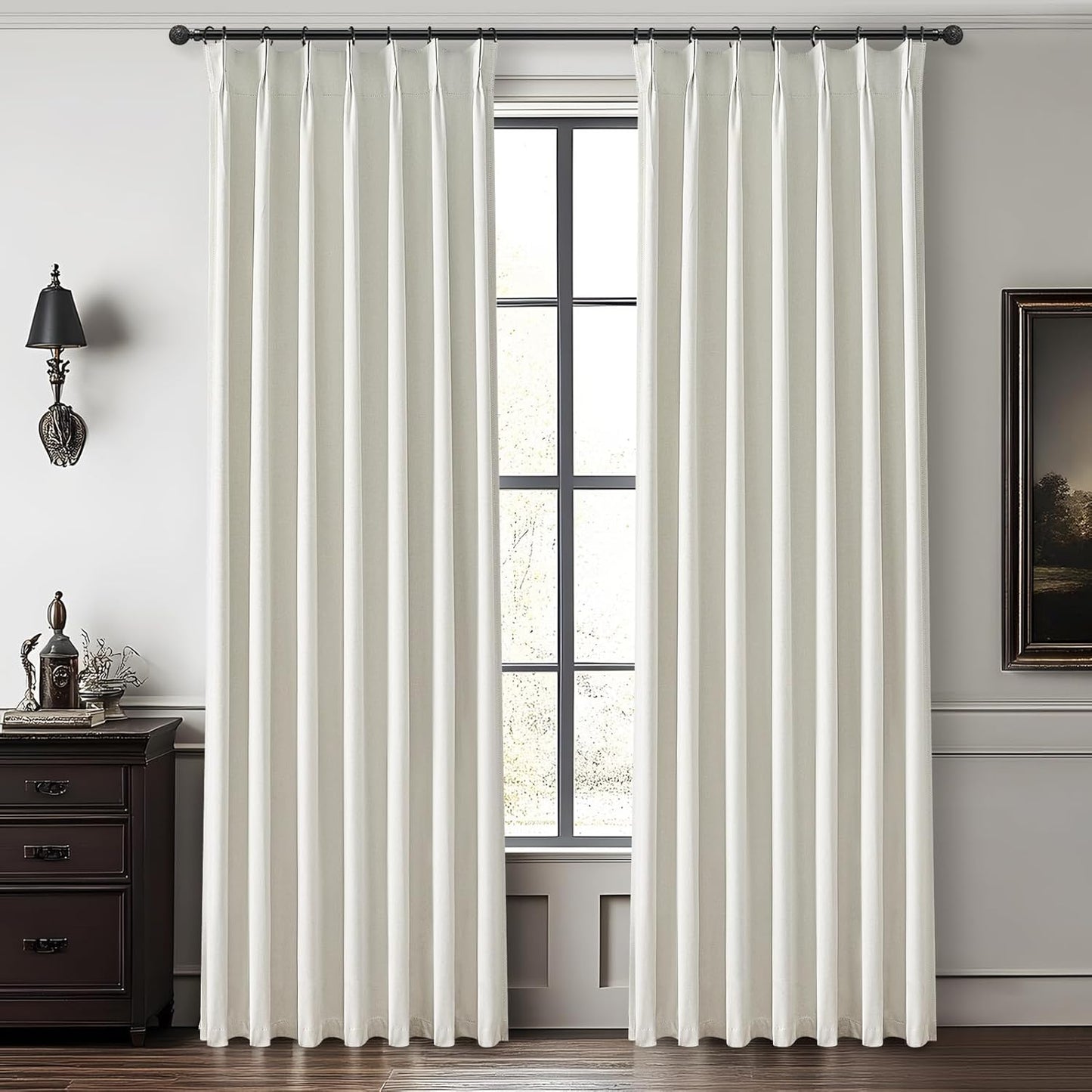 White Ivory Linen Curtains 90 Inches Long Pinch Pleated 100% Blackout Window Curtains for Bedroom, Thermal Pleated Drapes for Living Room Farmhouse Nursery Hooks&Rings Included(40" Wx90 Lx2 Panels)