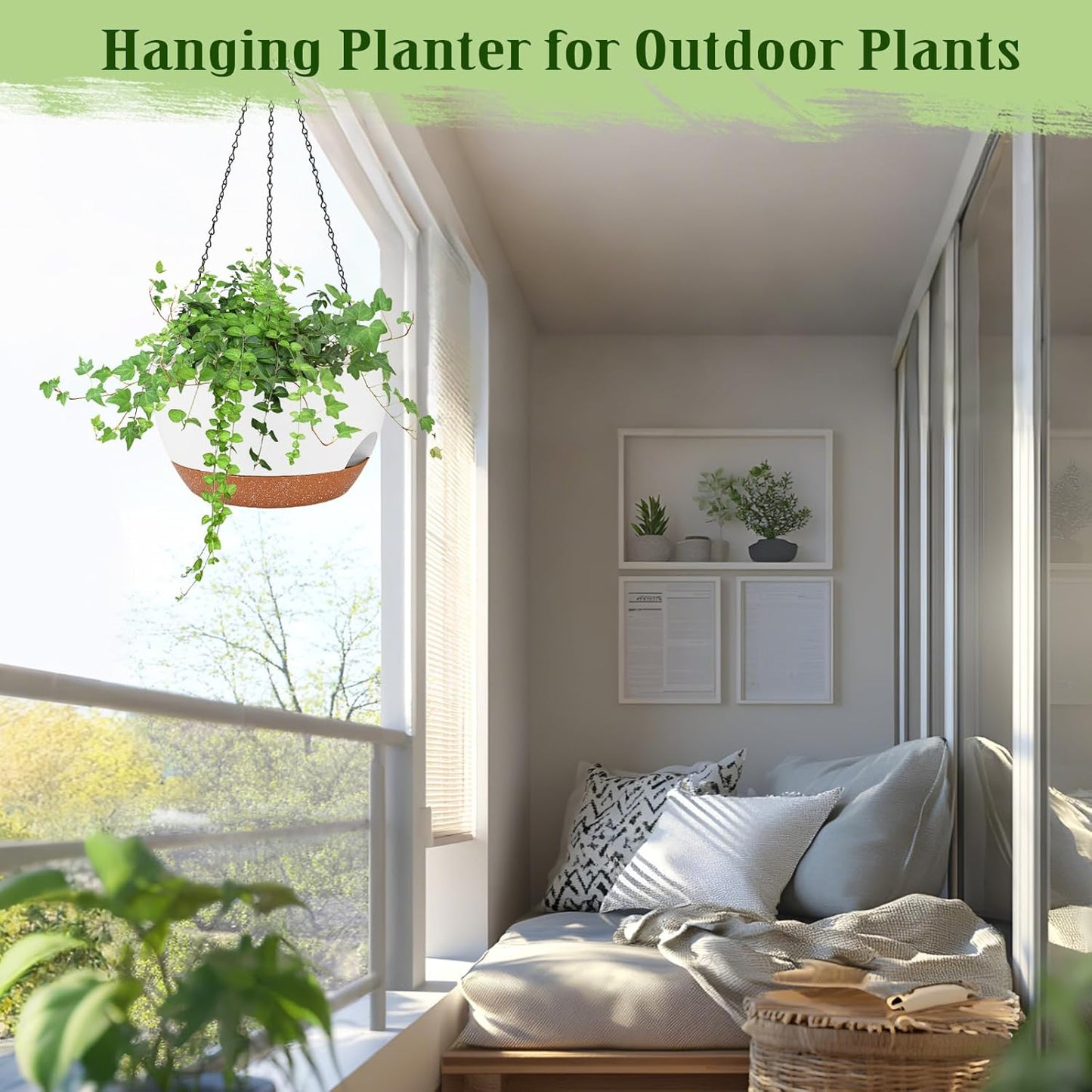 Hanging Planters for Outdoor Indoor Plants, 2 Pack 12 Inch Hanging Basket Plants Outdoor, Self Watering Hanging Planter with Plant Hanger for Garden Home Decoration (2 Type Plant Hangers White)