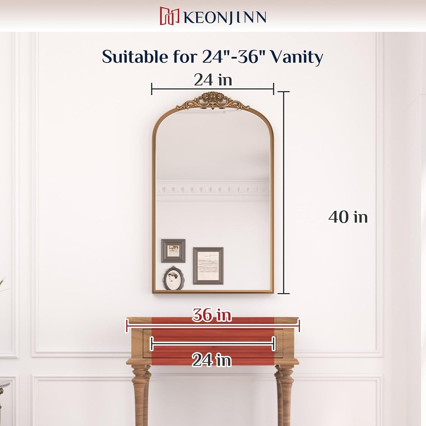 Keonjinn Vintage Gold Mirror 24" x 40", Large Mirror Decorative for Wall, Antique Bathroom Mirrors, Ornate Brass Mantle Mirrors, Baroque Decor for Entryway, Hallway, Living Room, French Cleat Mounting