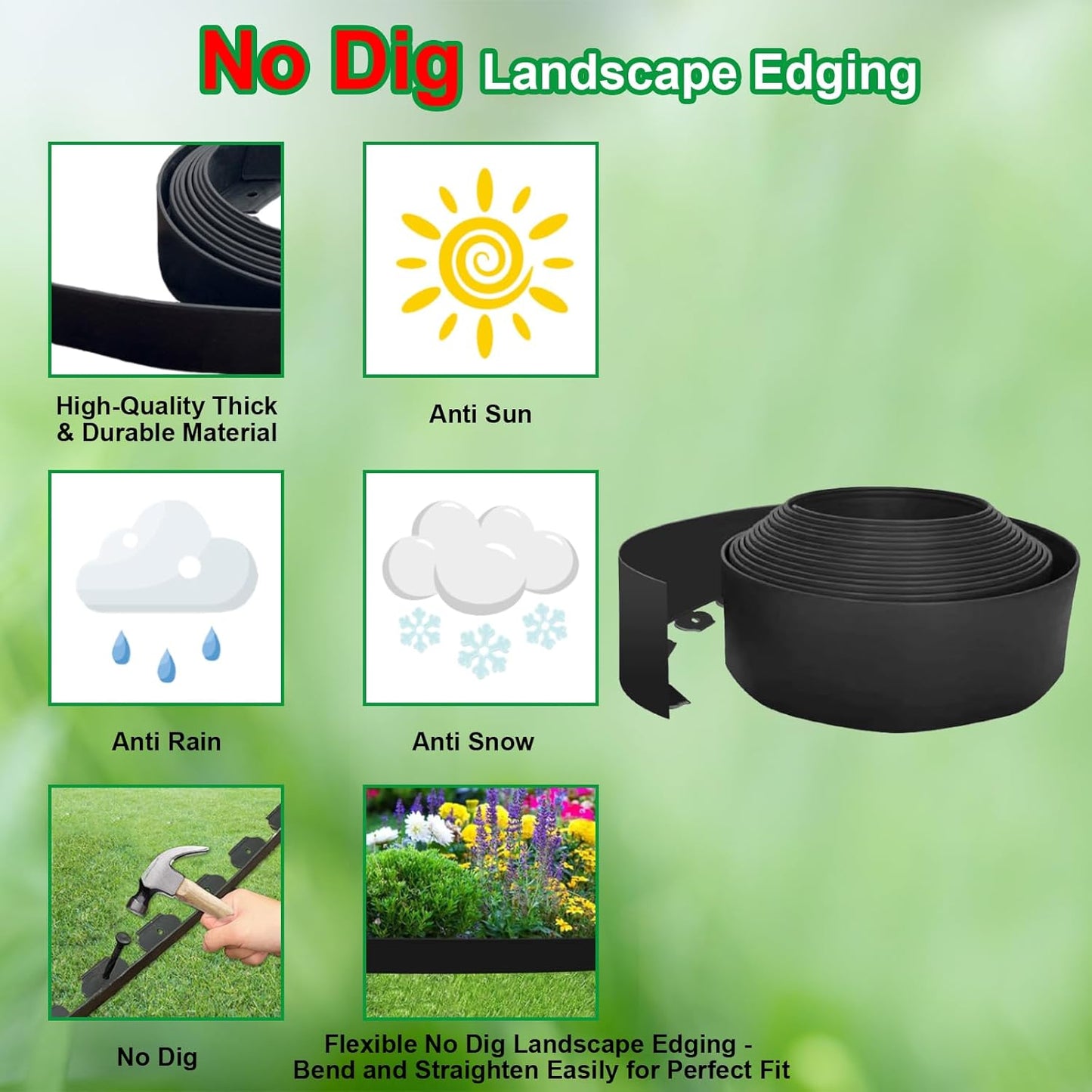No Dig Garden Edging 33 FT Landscape Edging Extra Tall 4IN High, Landscape Edging with 30 Spikes, Flexible Lawn Edging for Landscaping Flower Beds Yard Pathway (Black)