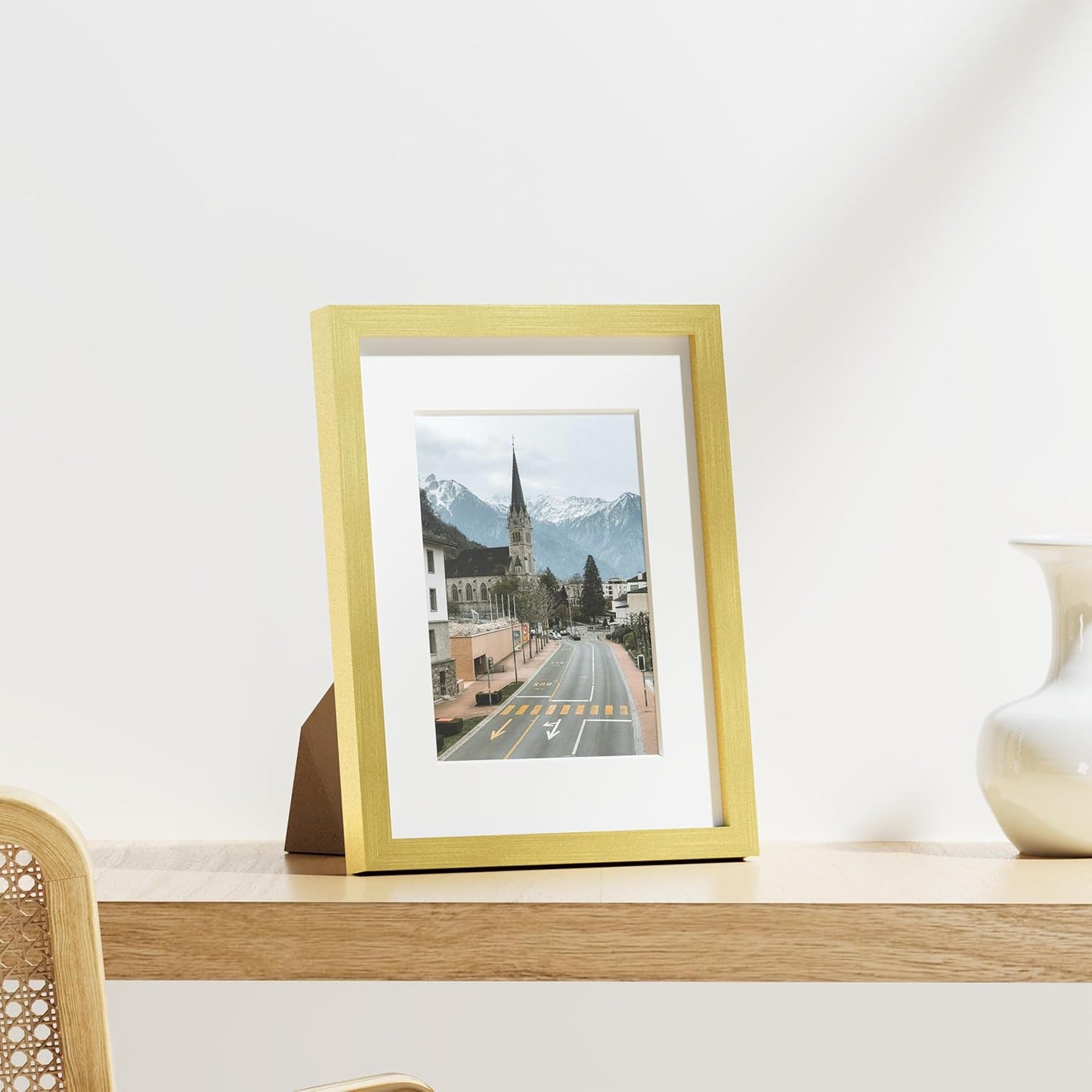 Vittanly 8.5x11 Picture Frames Set of 9, Shatter Resistant Plexiglass, Display 6x8 Pictures with Mat or 8.5x11 without Mat, Photo Frames for Wall or Tabletop, Engineered Wood, Gold