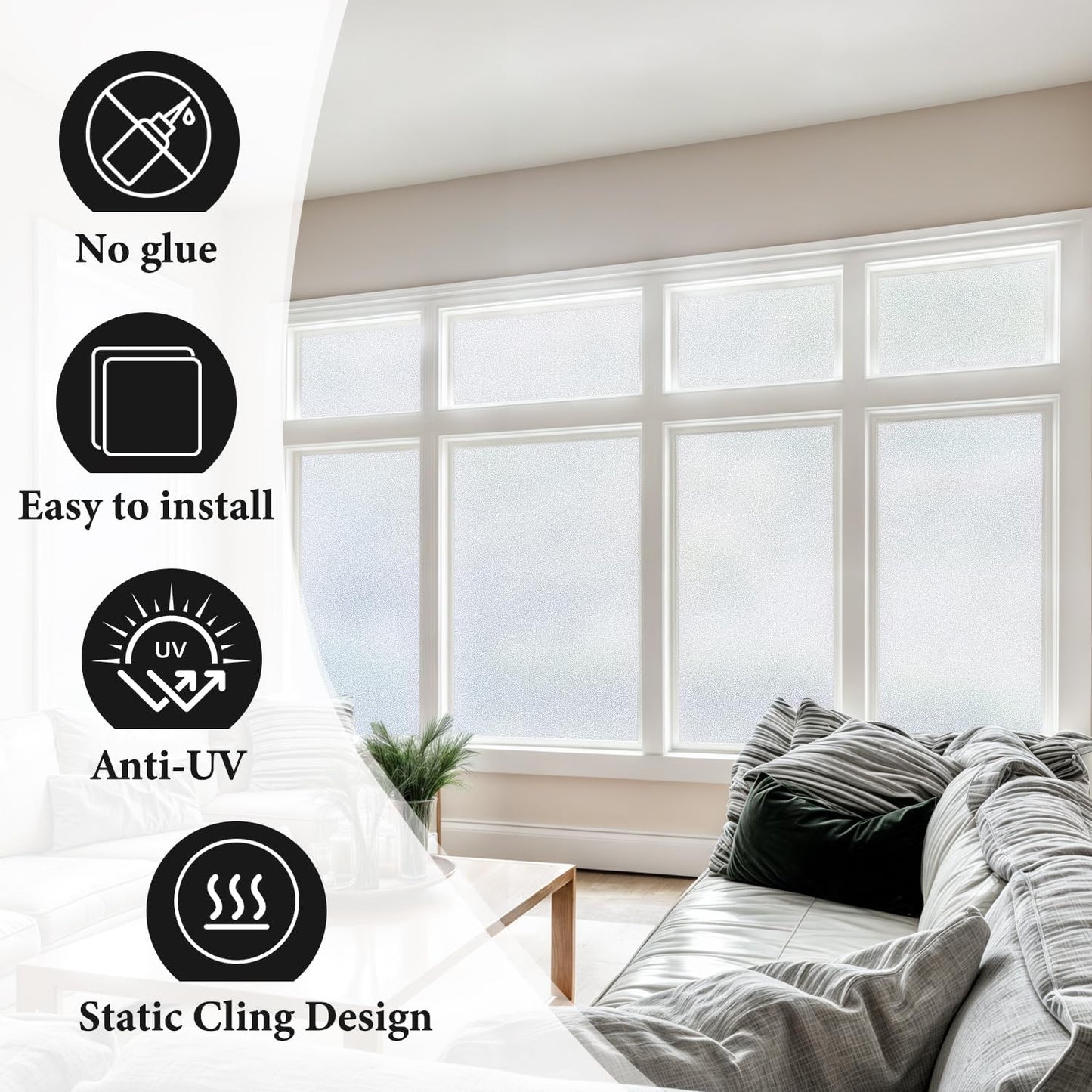 DUOFIRE Window Privacy Film Natural Frosted Glass Window Film Static Cling No Glue Anti-UV Window Cling Privacy Film Non Adhesive for Office Meeting Room Bathroom Living Room 17.4in. x 78.7in. S001