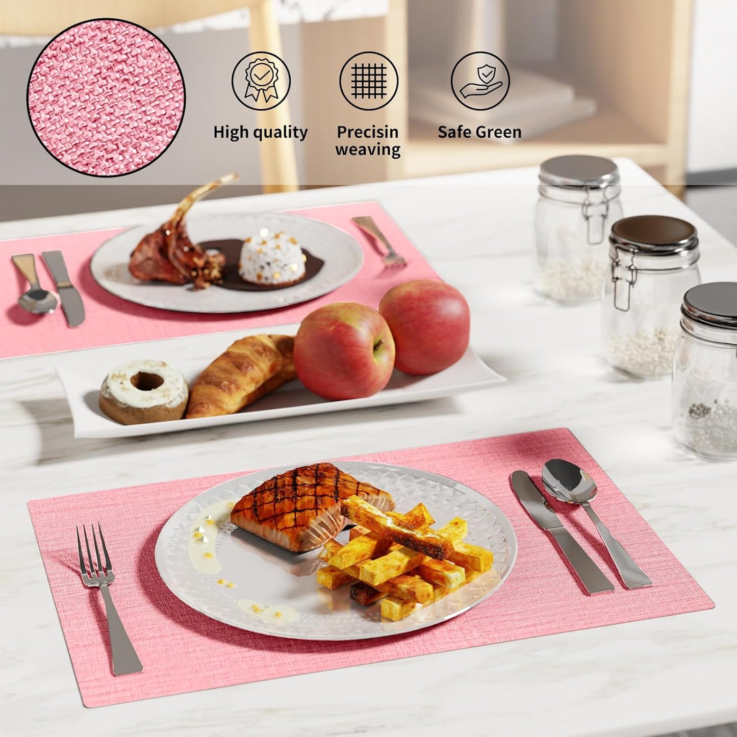 Cloth Placemats, Set of 6 Heat-Resistant Cotton Linen Blend Double Layered Machine Washable Place Mats, Wrinkle Free Thick Fabric Dining Table Mats for Indoors & Outdoors (Baby Pink, 6)