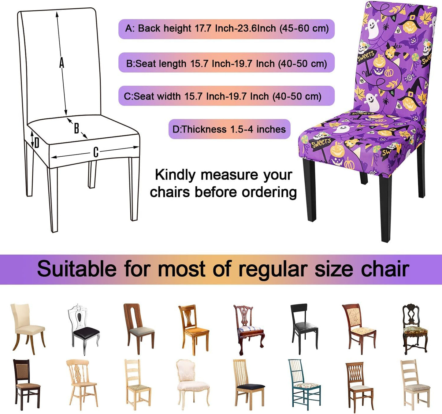 JQinHome Purple Halloween Chair Slipcover, Spider Web Chair Covers Set of 6, High Stretch Washable Chair Protector Cover for Dining Room, Kitchen,Home Party,Wedding Ceremony(Purple Candy,6PC)