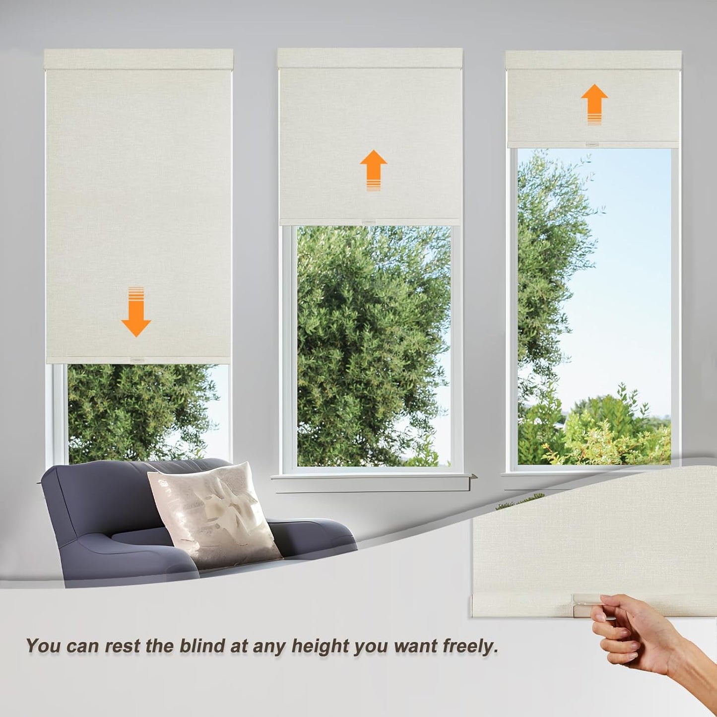 Persilux Blackout Shades for Windows Cordless Roller Blinds, Roller Windows Shades for Home with Fabric Attached Valance, UV Protections Easy Installation for Door/Office, Limestone(75" W x 48" H)