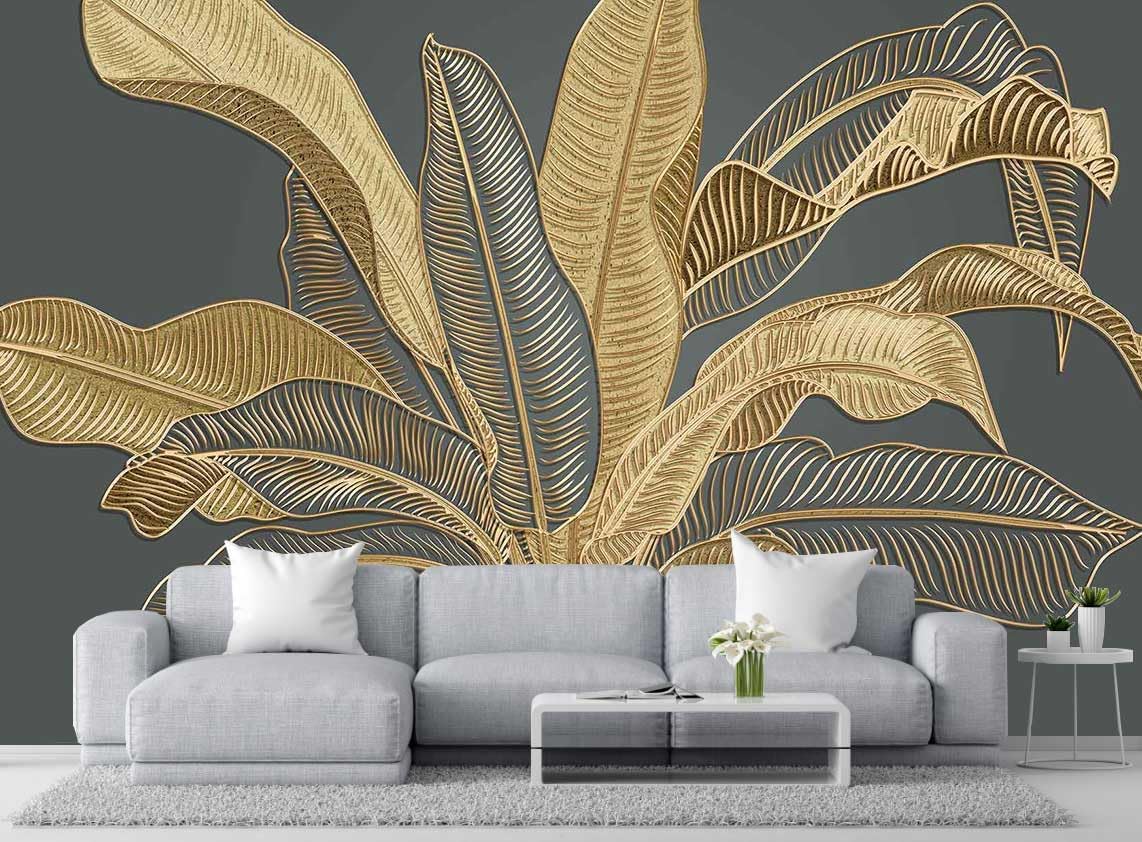 Large Banana Leaf Wallpaper on Gray Background, Art Wall murals for Bedroom, Living Room, Bathroom(Non-self-Adhesive)