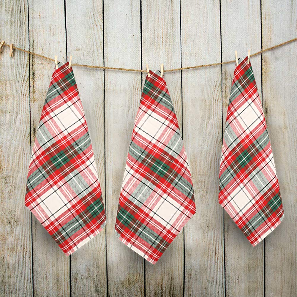 Christmas Check Kitchen Towel Set (6 Pack) – 100% Cotton, Absorbent Dish Cloths with Loop (20"x30")