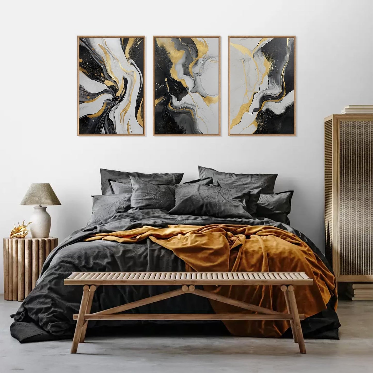 HLNIUC Abstract Gold and Black Framed Canvas Wall Art,Large Neutral Black and White Wall Decor Set of 3(16”x24”)Modern Gold Foil Framed Painting,Textured Marble Fluid Art Print for Living Room,Bedroom