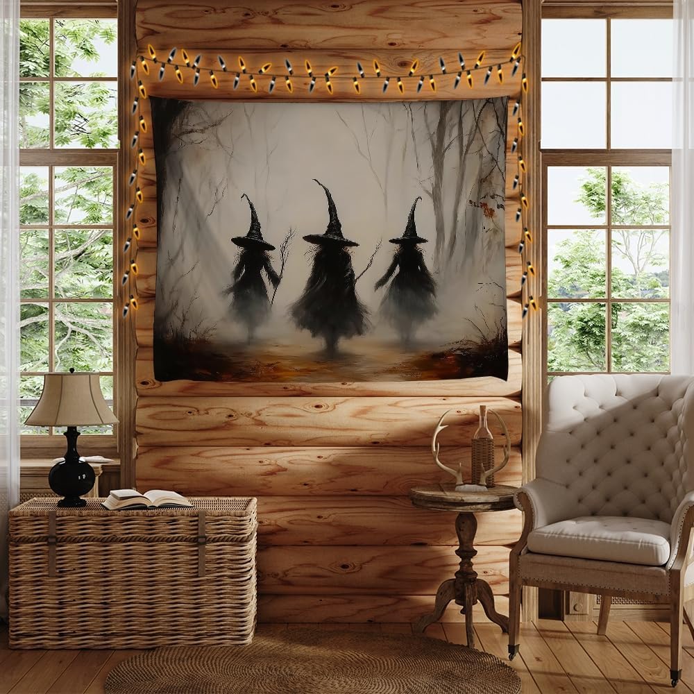 Witchy Halloween Tapestry Wall Hanging Vintage Spooky Witch Room Print Dark Academia Autumn Forest Three Witches Tapestries Decor for Halloween Living Room Bedroom Decoration 30x40inch
