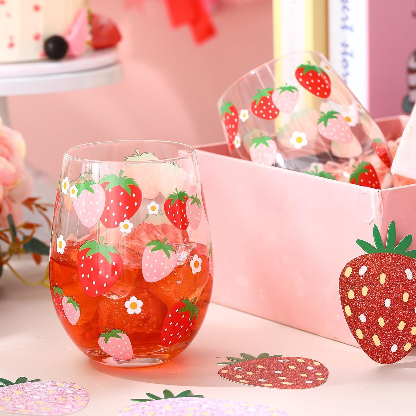 Sliner 2 Pack 17oz Strawberry Stemless Wine Glasses for Women Strawberry Cups Colorful Conversation Drinking Glass for Mother's Day Gift Birthday Party Supplies Graduation Gifts Theme Events