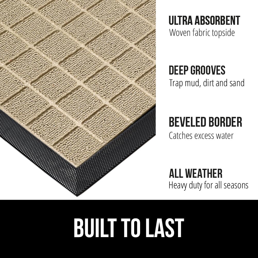 GORILLA GRIP 100% Waterproof All-Season WeatherMax Doormat US Designed Natural Rubber, Stain and Fade Resistant, Low Profile Indoor Outdoor Door Mats, Easy Clean Patio Mat, 17x29, Taupe Grid