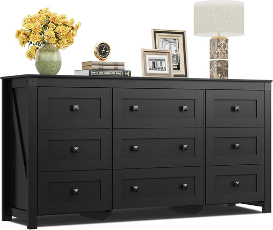 WLIVE Farmhouse Dresser for Bedroom, 63" Wide 9 Drawer Dresser Storage Organizer, Wood Chest of Drawers for Bedroom, TV Stand for 70 inch TV, for Living Room, Hallway, Ball Bearing Slide (Black)
