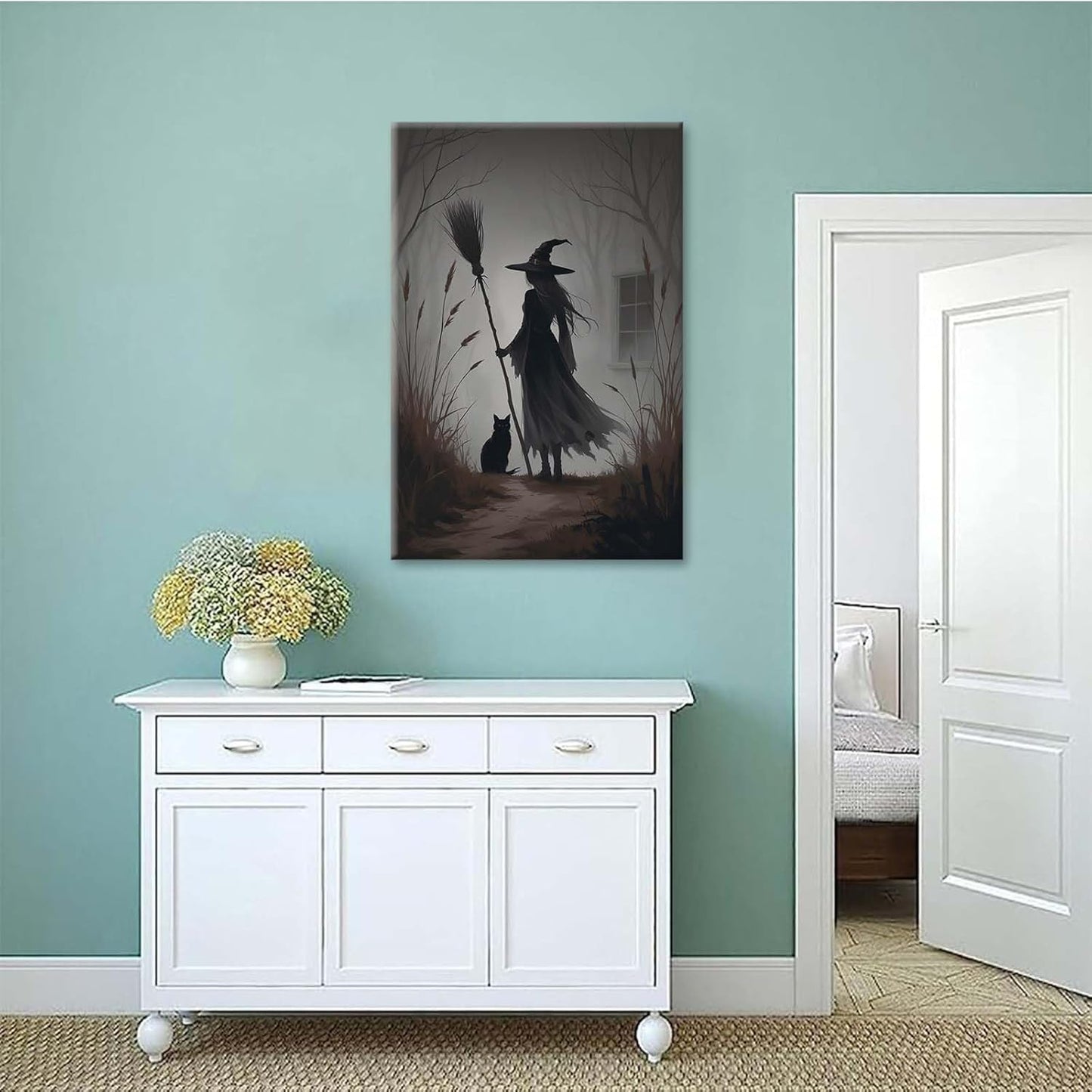 Vintage forest witch and black cat poster Halloween mural poster decoration mural art magic suitable for home living room bedroom28x40in Wood Framed