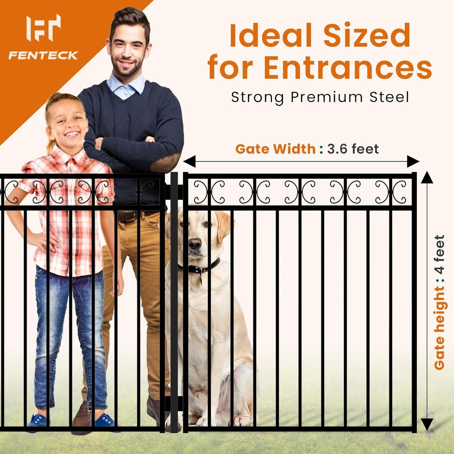 Garden Fence Gate, 3.5' W x 4' H, Decorative Black Wrought Iron Outdoor Gate for Front Yard, Backyard & Patio, Elegant Design with Stainless Steel Hinges & Self-Locking Latch