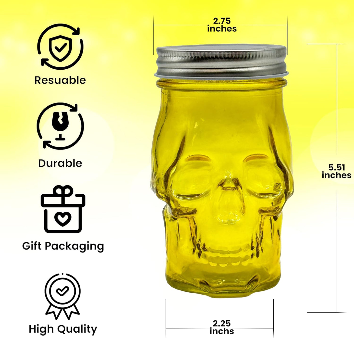 Generic 14 oz Colorful Skull Glass Mason Jar – Mix & Match 7 Vibrant Colors, Large & Durable! (Yellow)