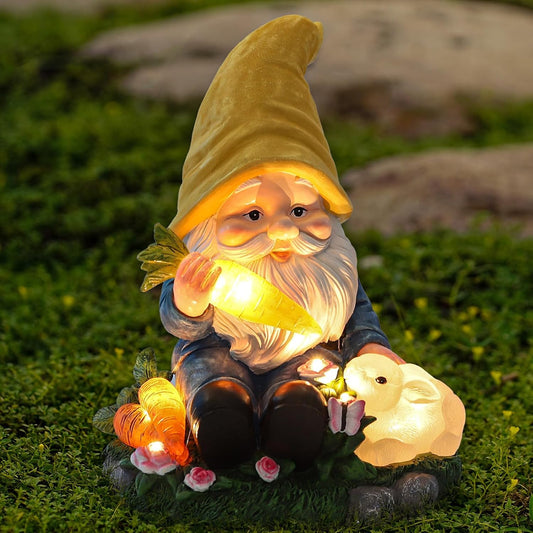 Solar Garden Outdoor Statues Gnome Feeding Rabbit with 6 LED Solar Figurine for Lawn,Patio,Balcony,Yard Decor Unique Housewarming Gift, for Grandfather, Father,Grandma