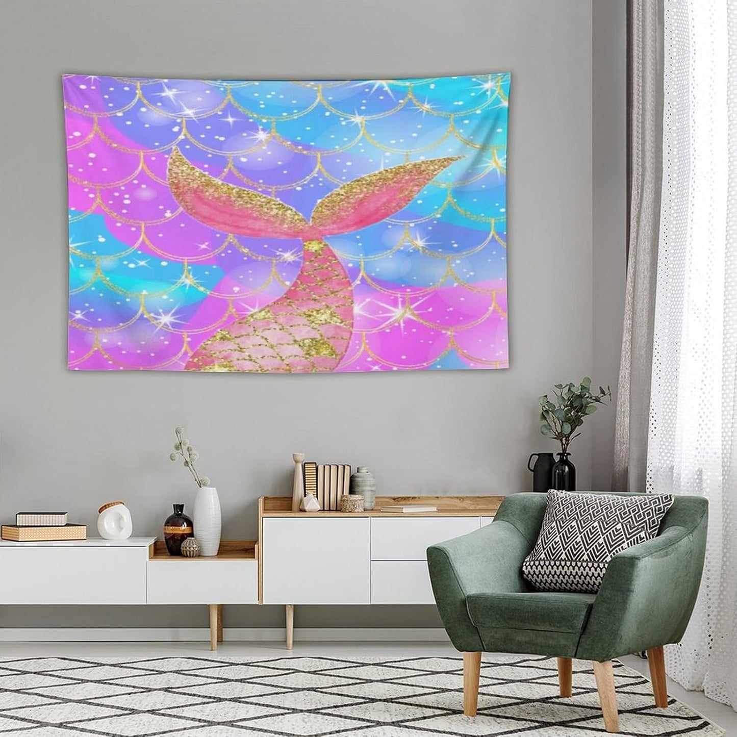 HZOHNAGO Mermaid Scales Tapestry Colorful Shiny Scales Mermaid Tail Pattern Printed Wall Tapestry Wall Hanging for Bedroom Living Room Dorm 60" W x 40" H