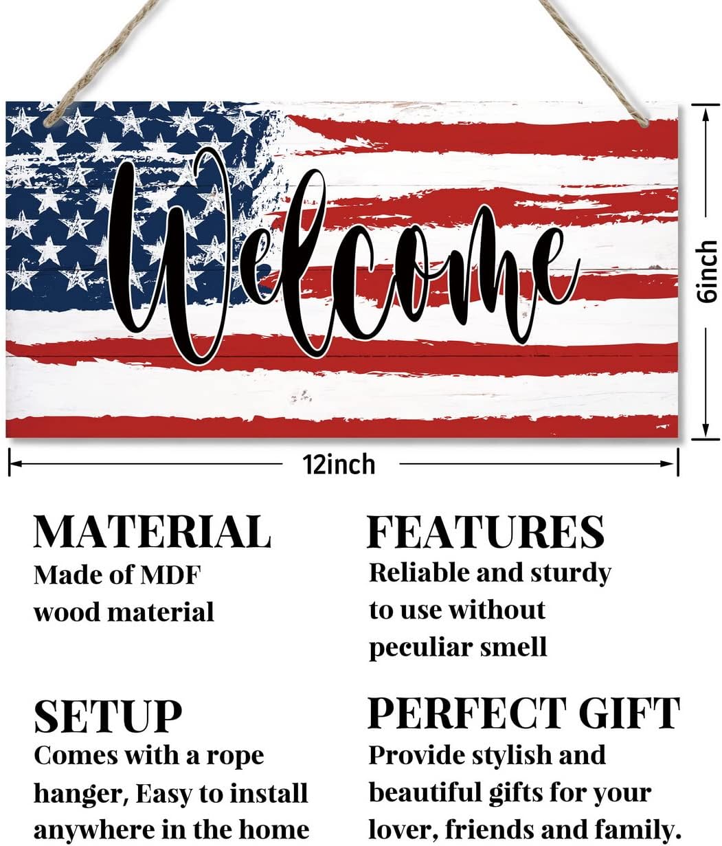 Welcome Decor Sign, Hanging Wood Sign Home Decorative, Printed Wood Wall Art Sign, American Flag Welcome Sign, Patriotic Home Decor, Front Door Decor Sign, Farmhouse Porch Wall Art Sign 12 * 6inch
