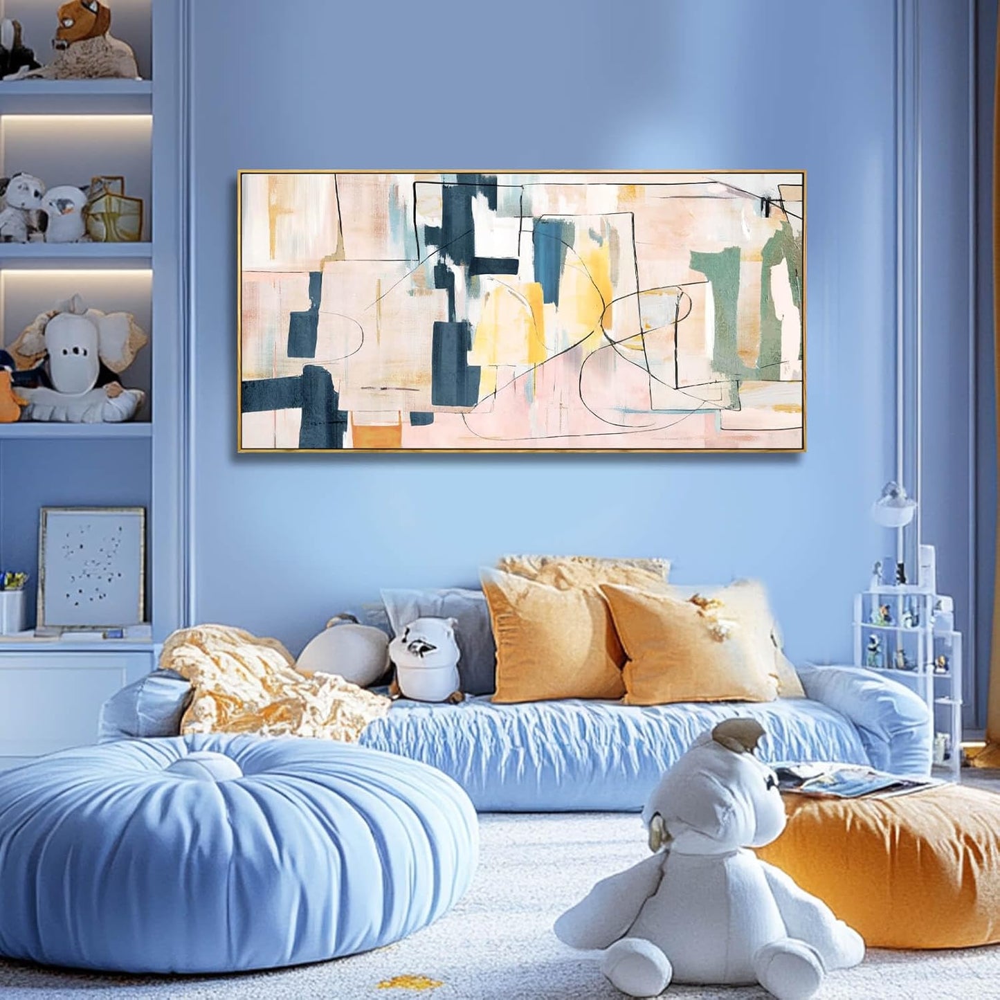 Large Abstract Canvas Wall Art Pink Painting Yellow Bedroom Decor Navy Art Photo Prints Minimalist Pictures Poster Artwork 20"x40"