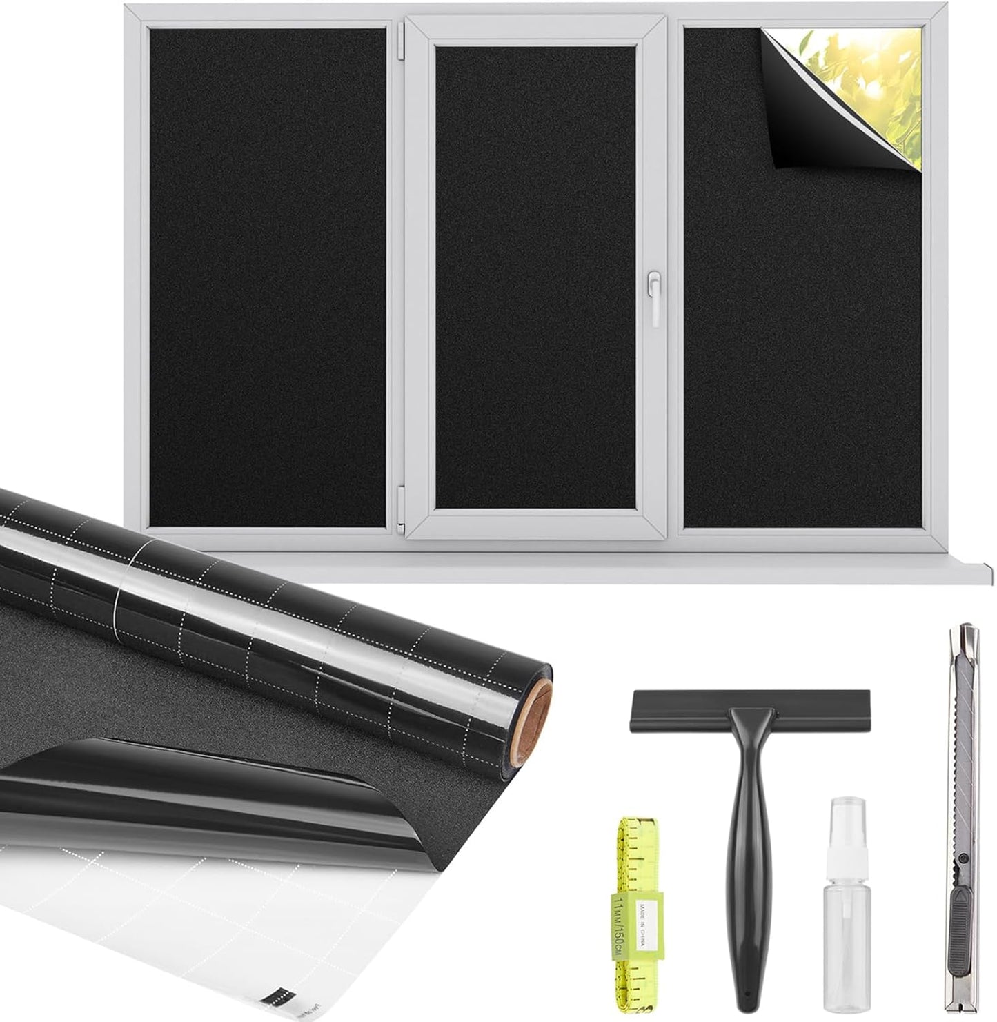 Kromapolis Blackout Window Privacy Film Total Light Blocking Room Darkening Window Covering, Removable Static Cling Frosted Glass Tint, Non-Adhesive, Black 11.8'' x 78.7''