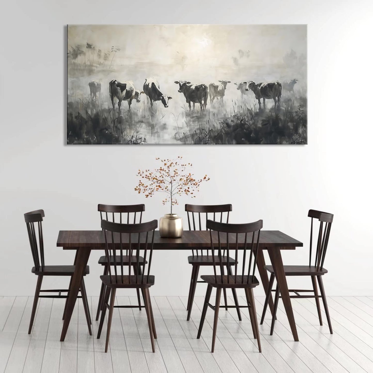 LASMOND Black and White Cow Wall Art for Living Room Ink Wash Canvas Painting Prints Morning Cattle Vintage Country Farmhouse Artwork Bedroom Office Decor (58x28 Inches)