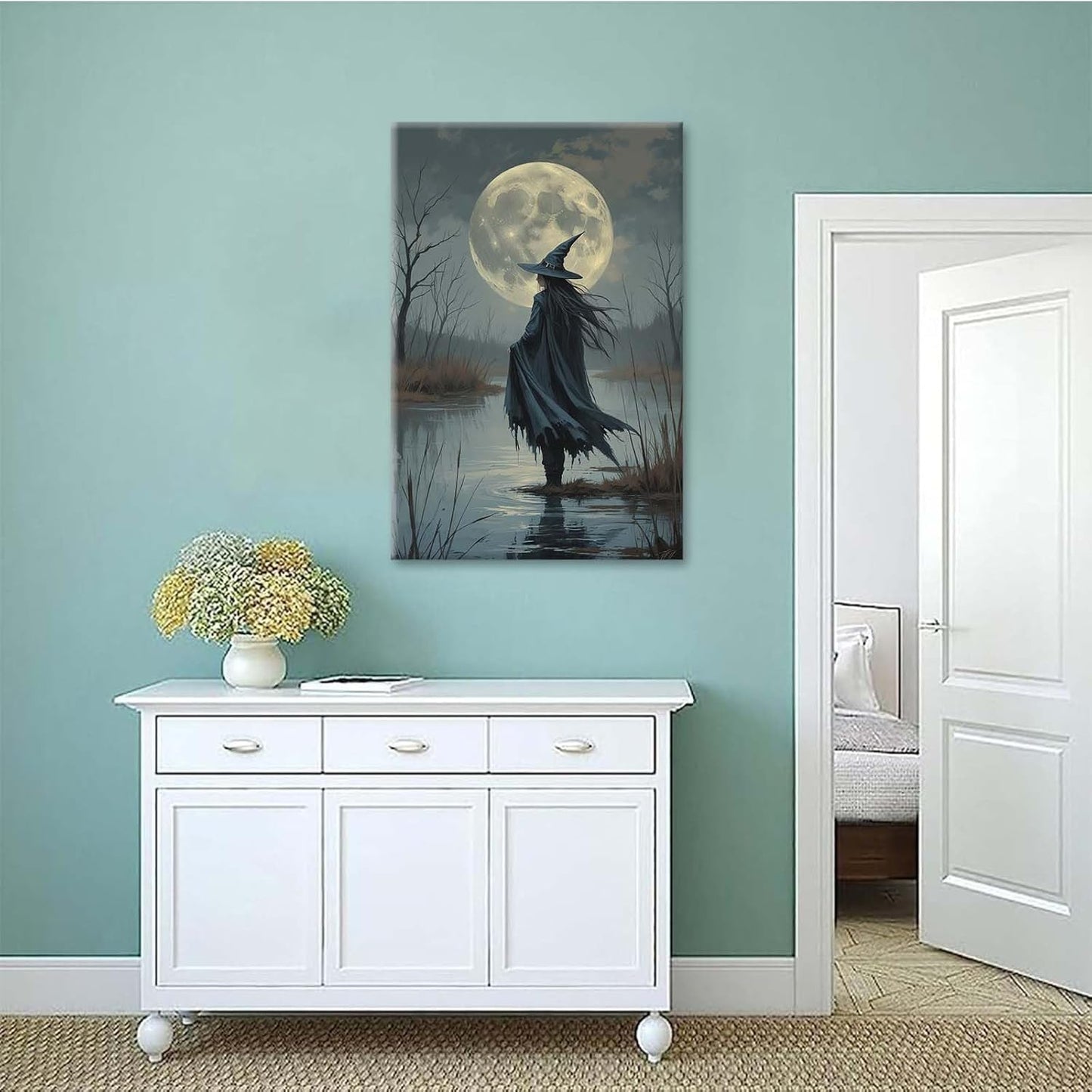 Witch in the moonlight magic canvas wall art enchanting Halloween home decor swamp witch silhouette oil painting mysterious gothic aesthetic wall decor print poster8x12in Wood Framed