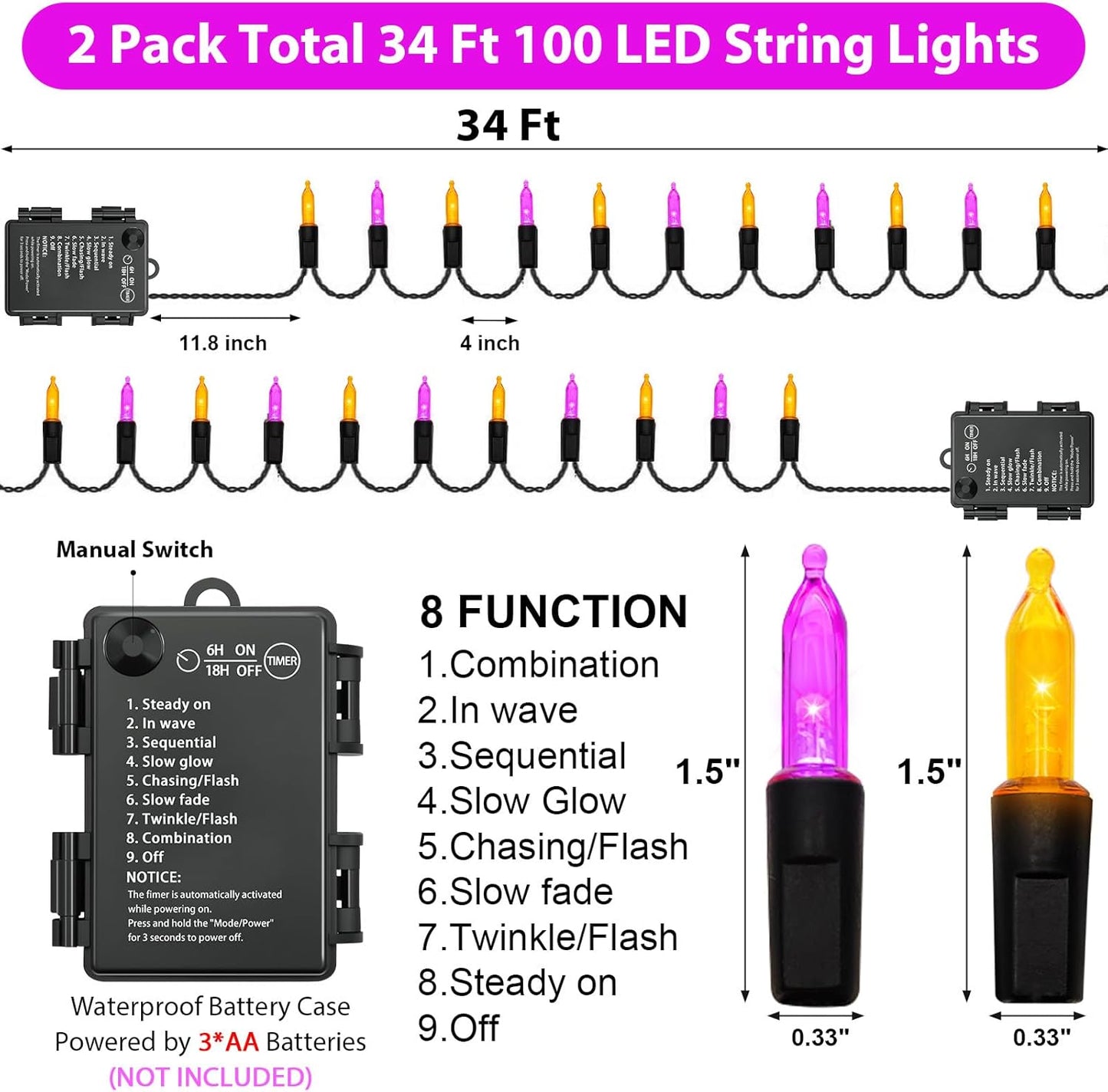 Halloween Lights, 2 Pack 100 LED Orange & Purple Battery Operated Mini String Light, 32 Ft Total Waterproof Halloween Lights 8 Modes for Indoor Outdoor Patio Garden Holiday Party Decorations