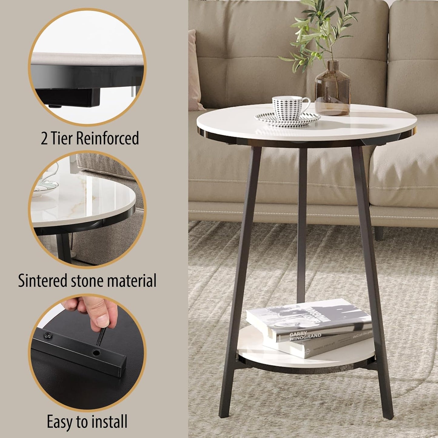 Side Table - Sintered Stone End Couch Table with Metal Frame & Gold Veins for Sofa Living Room Bedroom Bedside Coffee Small Spaces - Waterproof, Scratch-Resistant - Easy Assembly
