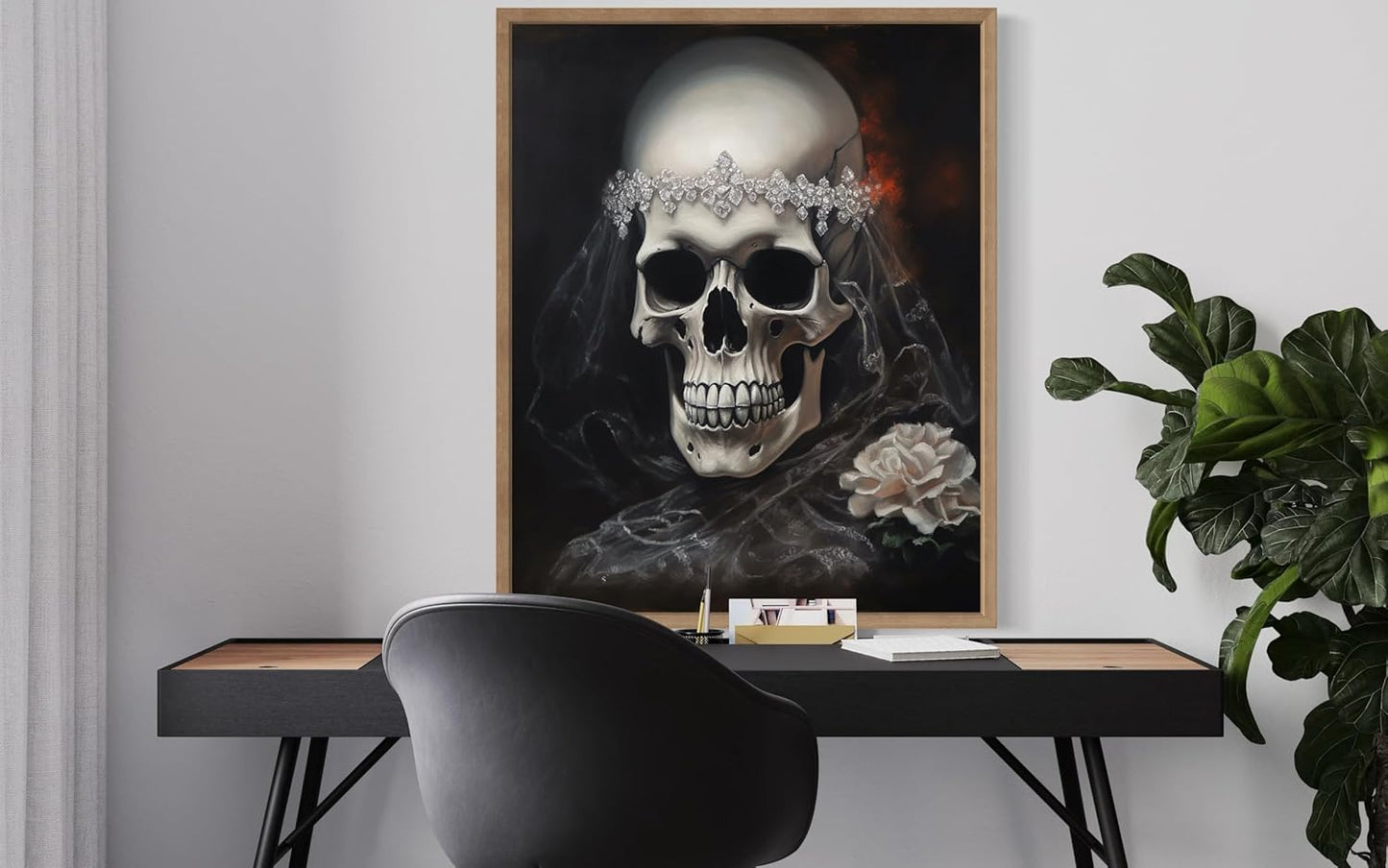 Skull Bride Poster Art Print, Halloween Scary Vintage Wall Art Academia Spooky Painting Decoration for Horror Prints, Gothic Posters Bedroom Decor 89 (Skull Bride, 8 x 10 inches, Wood Frame)