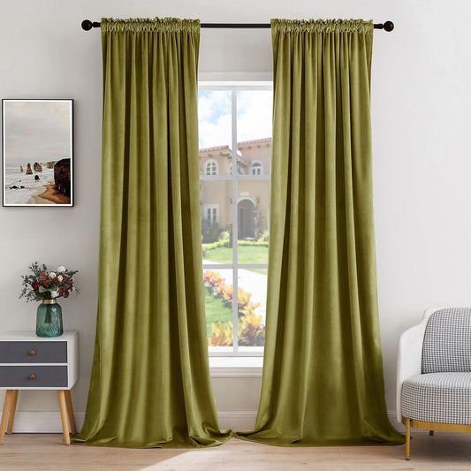 MIULEE Moss Green Velvet Curtains Thermal Insulated Blackout Curtain Drapes for Bedroom Living Room Darkening 96 Inches Long Curtains Panels Rod Pocket Set of 2
