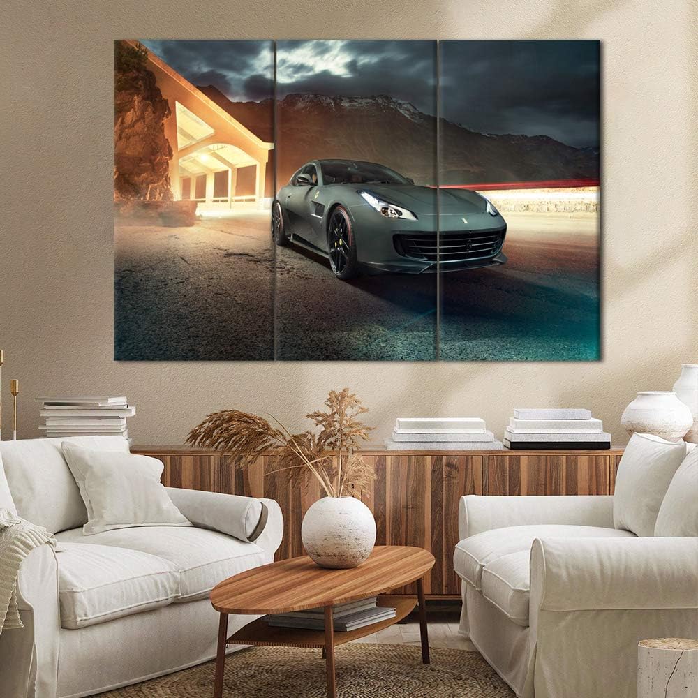 TUMOVO Skyline and Black Super Car Canvas Print Wall Art Picture Canvas Prints with Frame Home Decor for Livingroom Ready to Hang 40 x 20inch x 3 Panels