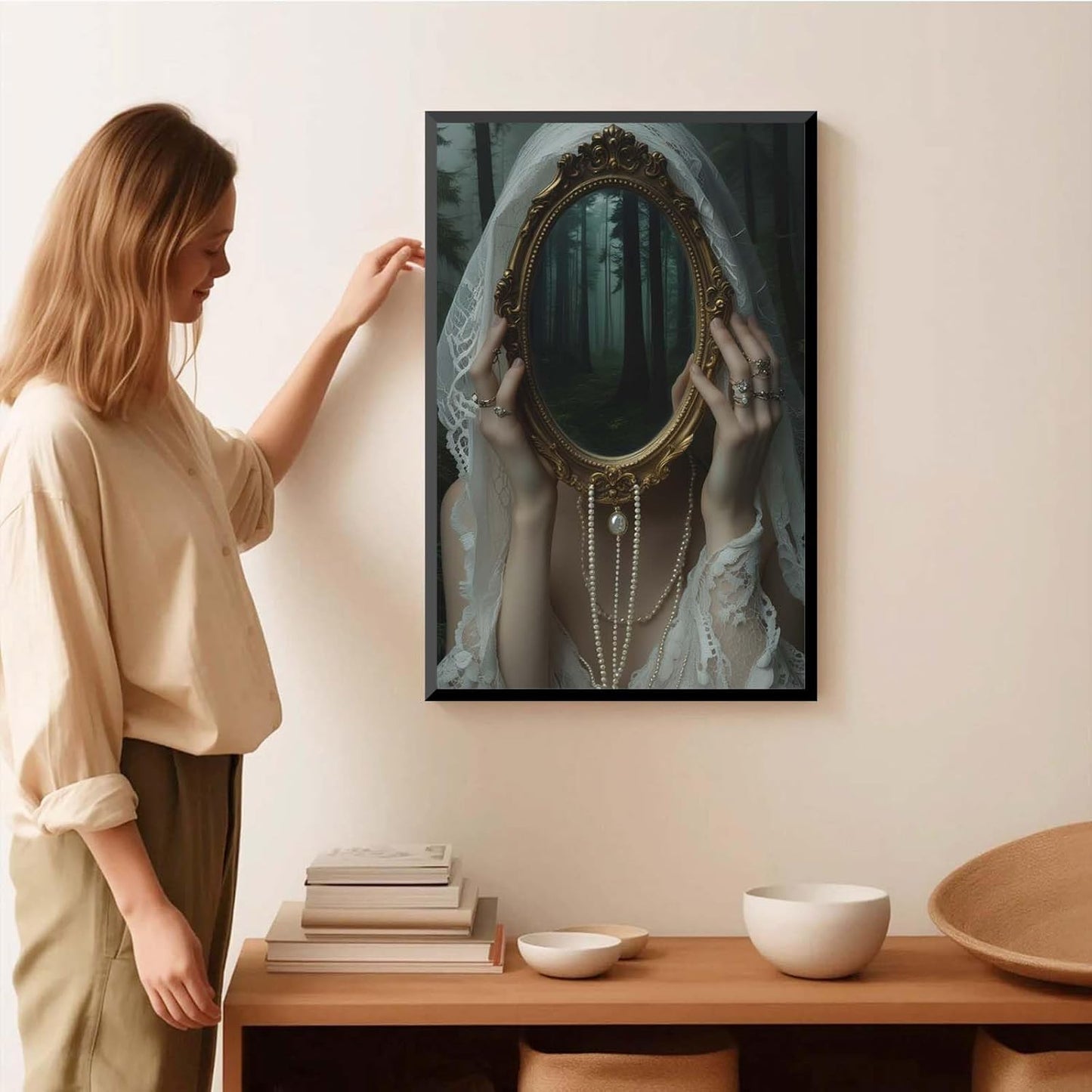 Mirror face covering dark art poster print melancholy gothic painting vintage feminine print victorian style decoration antique art12x16in Metal blackFramed