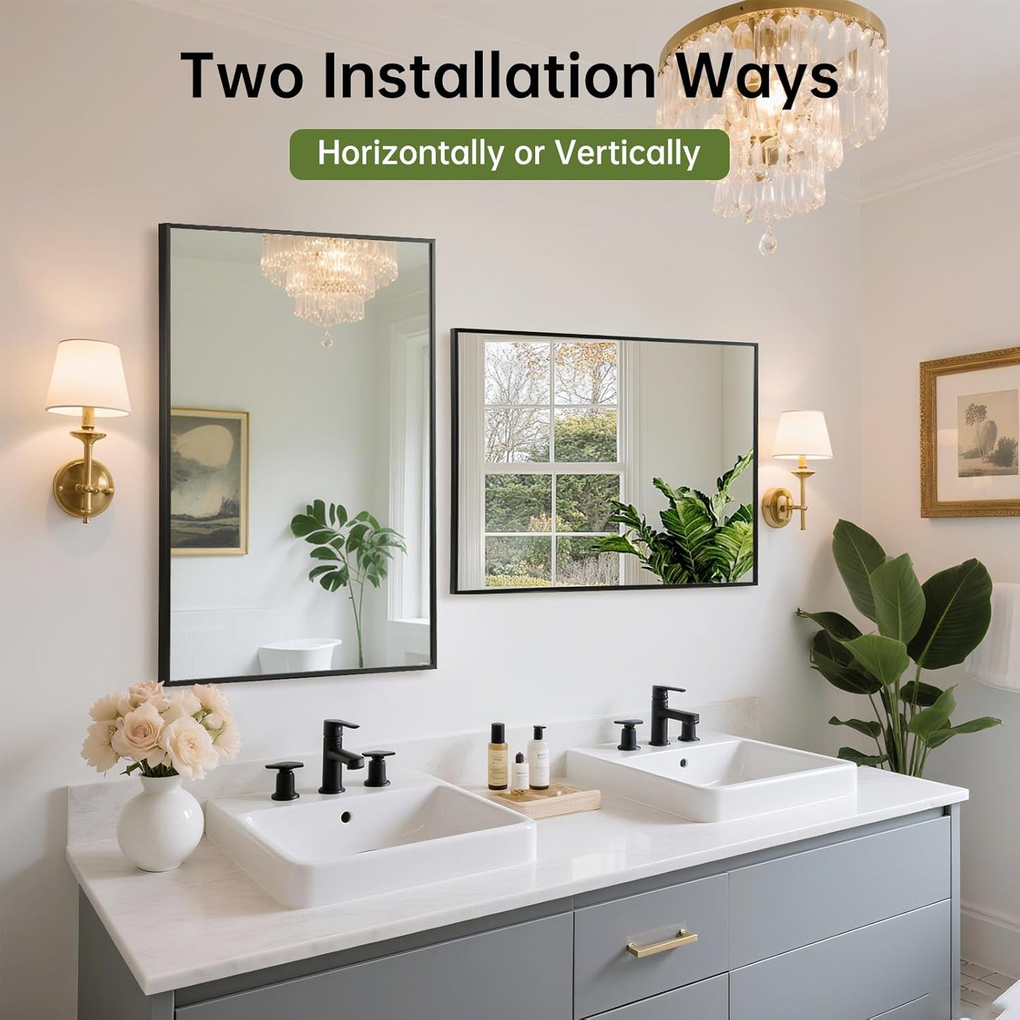 FARMER 22x30 Inch Black Bathroom Mirror, Rectangle Wall Mounted Mirror, Vanity Mirror, Brushed Square Mirror, Framed Bathroom Mirror for Bedrooms, Entryways, Living Rooms, Horizontal/Vertical