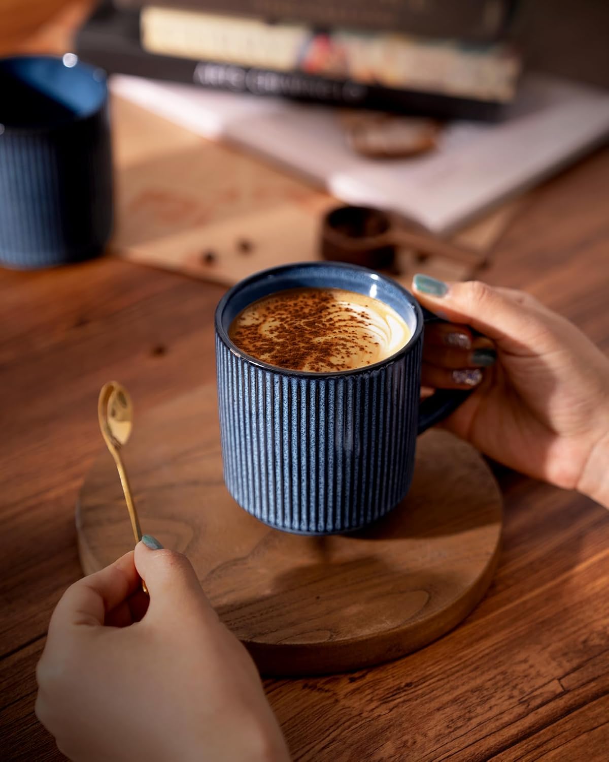 famiware Coffee Mug Set for 6, Star 12 oz Catering Mugs Cup Set with Handle for Coffee, Tea, Cocoa, Milk - Ceramic Stoneware Drinkware Set, Nebulas Blue