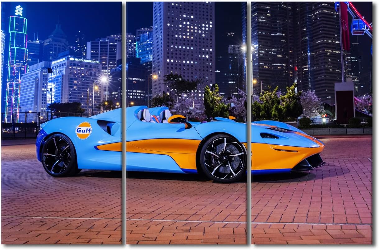 Sports Car Canvas Paintings Supercar Bedroom Wall Art City Night View Contemporary Home Decor Hypercar Bathroom Decor Wall Art 3 Panels Modern Artwork Ready to Hang for Living Room Office, 60"Wx40"H