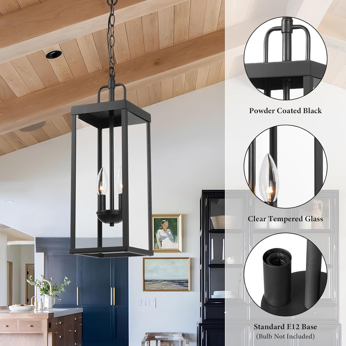 Large Outdoor Pendant Lantern Light Fixture for Front Porch, 20 Inch 2-Light Black Exterior Hanging Chandelier with Clear Glass, Outdoor Indoor Pendant Lamp for Patio, Gazebo, Entryway, Doorway