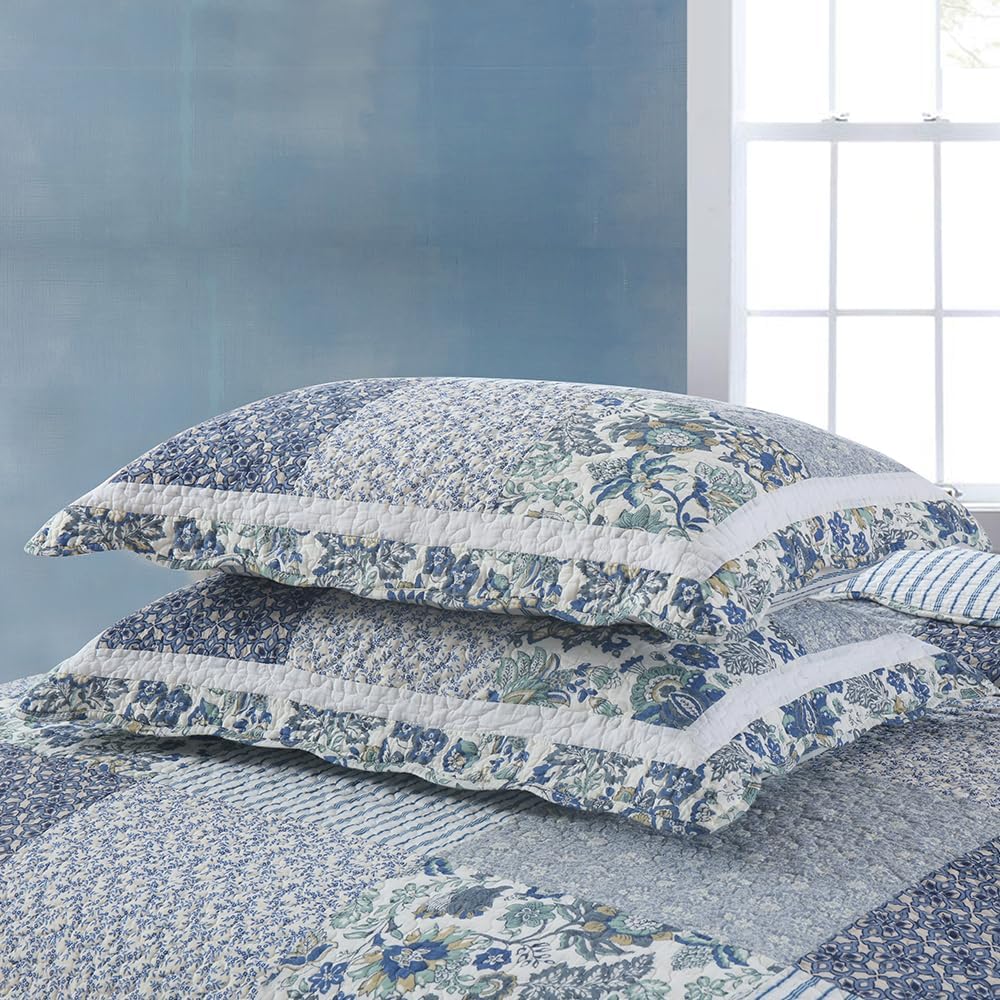 Cotton Bedspread Quilt Bedding Sets 3 Pieces Reversible Coverlet Sets Comforters Vintage Floral Patchwork Blue Bedspread (Blue Vintage Floral, King Size)