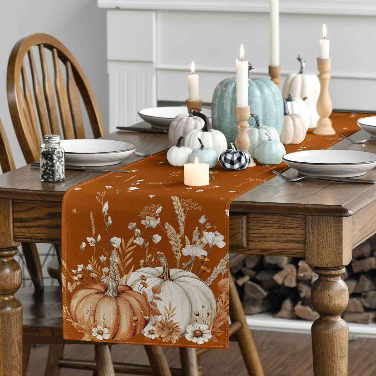 Artoid Mode Orange Pumpkins Leaves Flowers 210 GSM Fall Table Runner, Seasonal Autumn Kitchen Dining Table Decoration for Home Party Decor 13x72 Inch