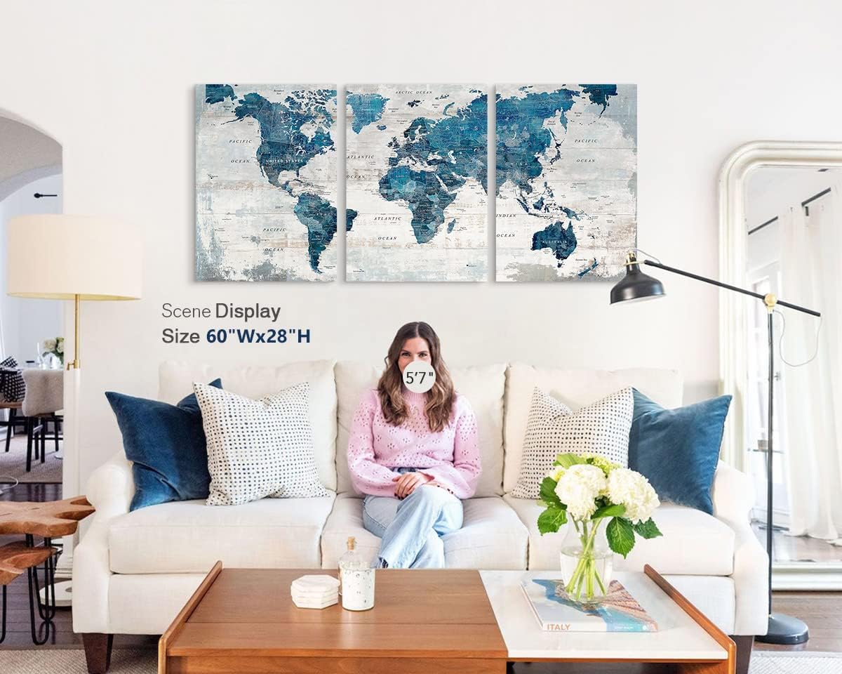 Elixart Wall Art for Living Room Office Wall Decor Pictures for Bedroom World Map Art Large Kitchen Decor 48"X24" Motivational Painting for Dining Room Wall Decorations