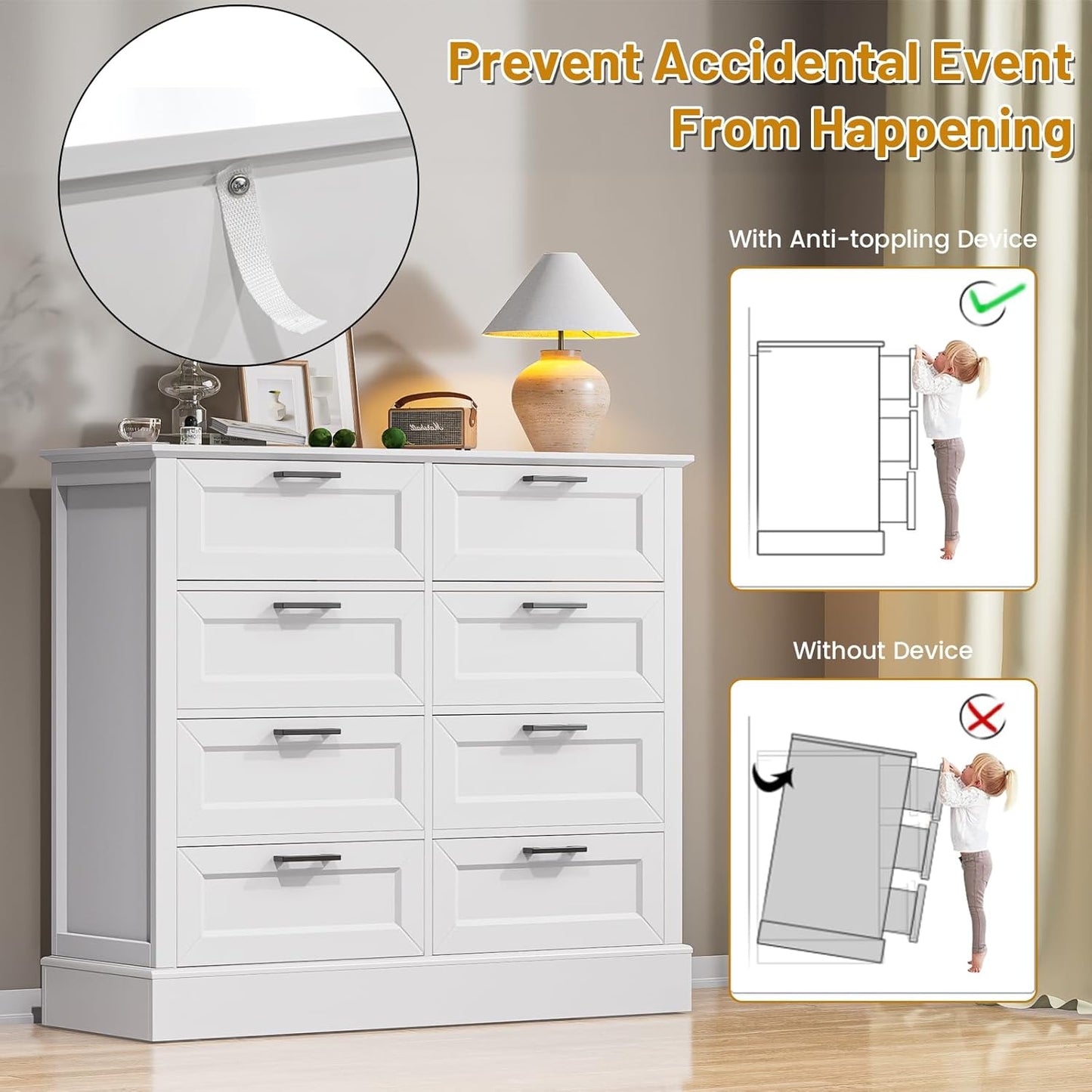 Odeekea White Dresser for Bedroom, Wood Dresser with 8 Drawers, Chest of Drawer for Bedroom Living Room Entryway Hallway, Modern Farmhouse Style