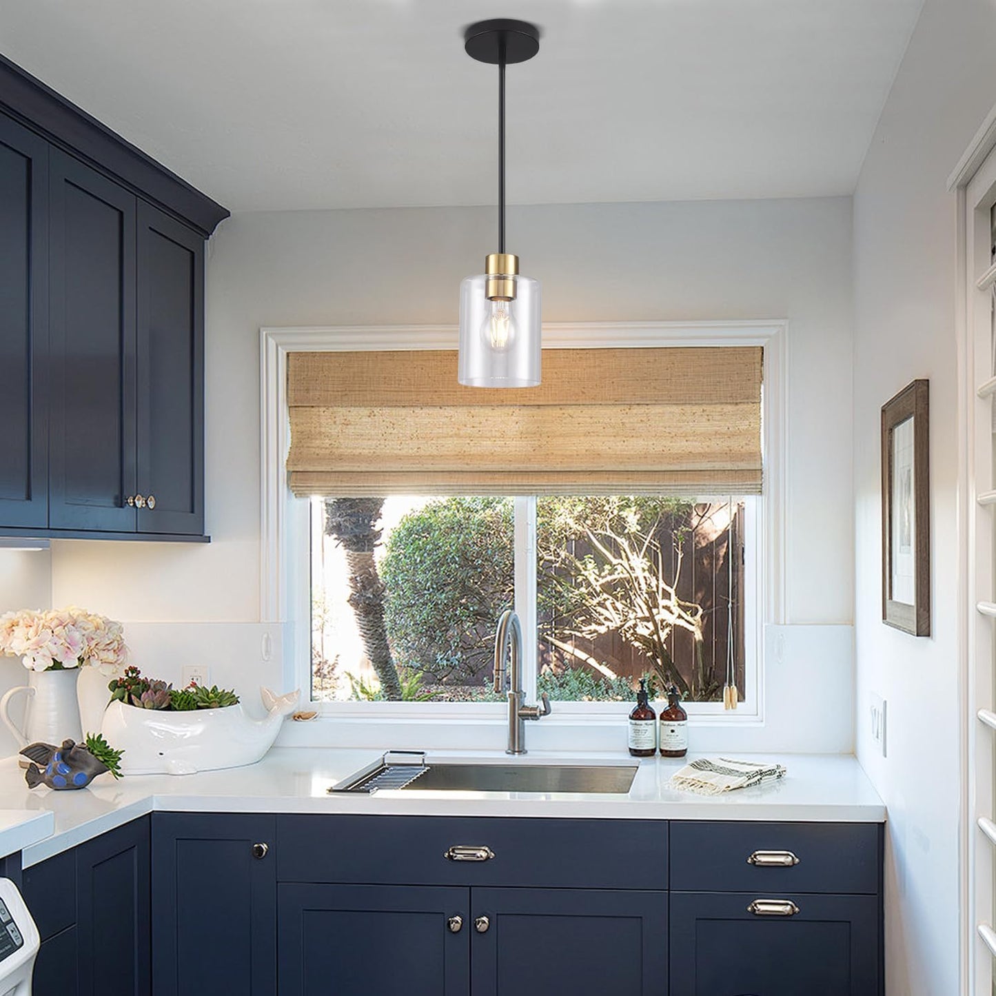 Black Brass Pendant Lights Kitchen Island - Clear Glass Pendant Light Fixture Multiple Stems Rods 3 Units 12 Inch 3 Units 4 Inch (1 Pack Black Brass Downrod)