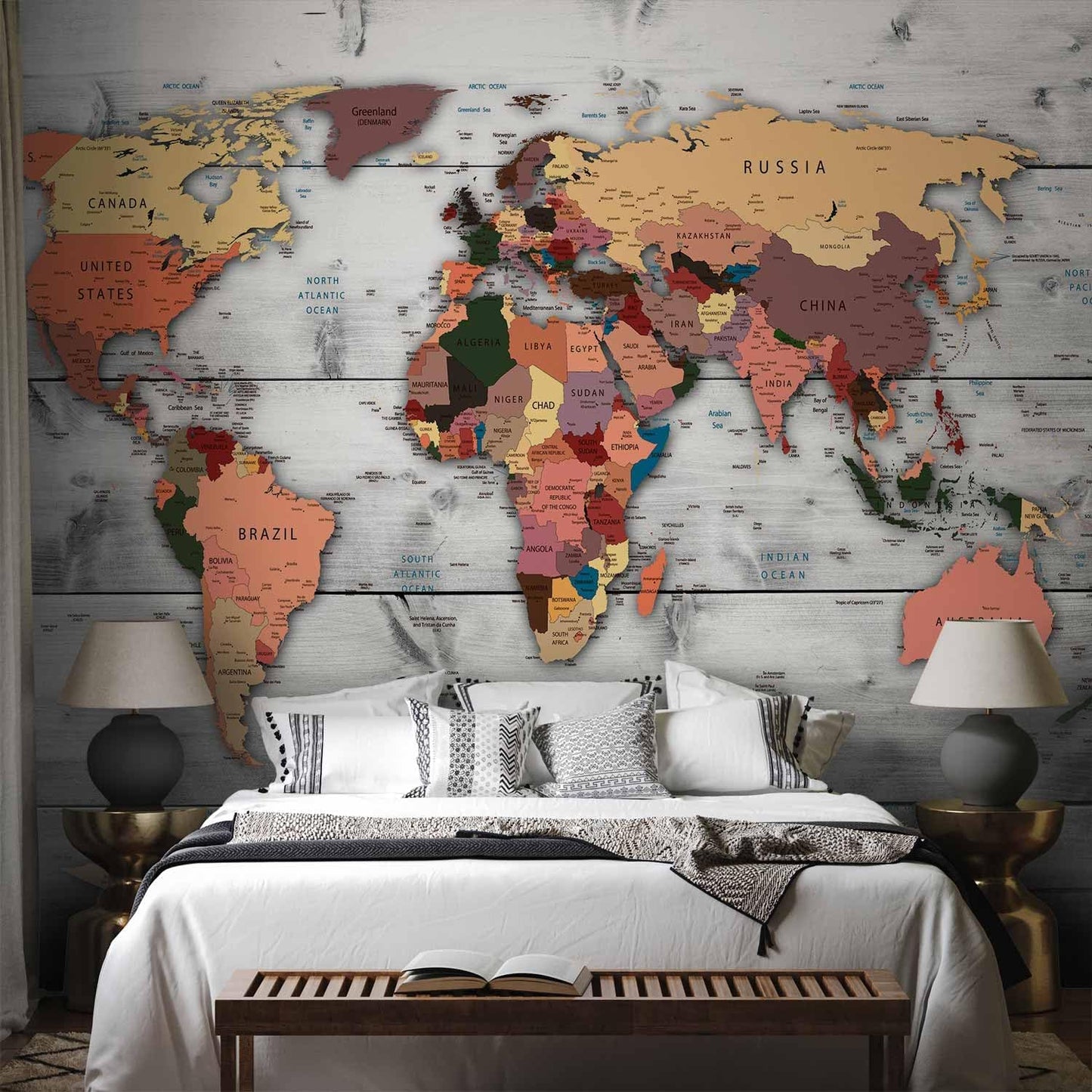 artgeist Wall Mural World Map 138x101 in - XXL Non-Woven Wallpaper Fleece Wall Decor Photo Print Picture Image Design Home Map of The World k-B-0009-a-c