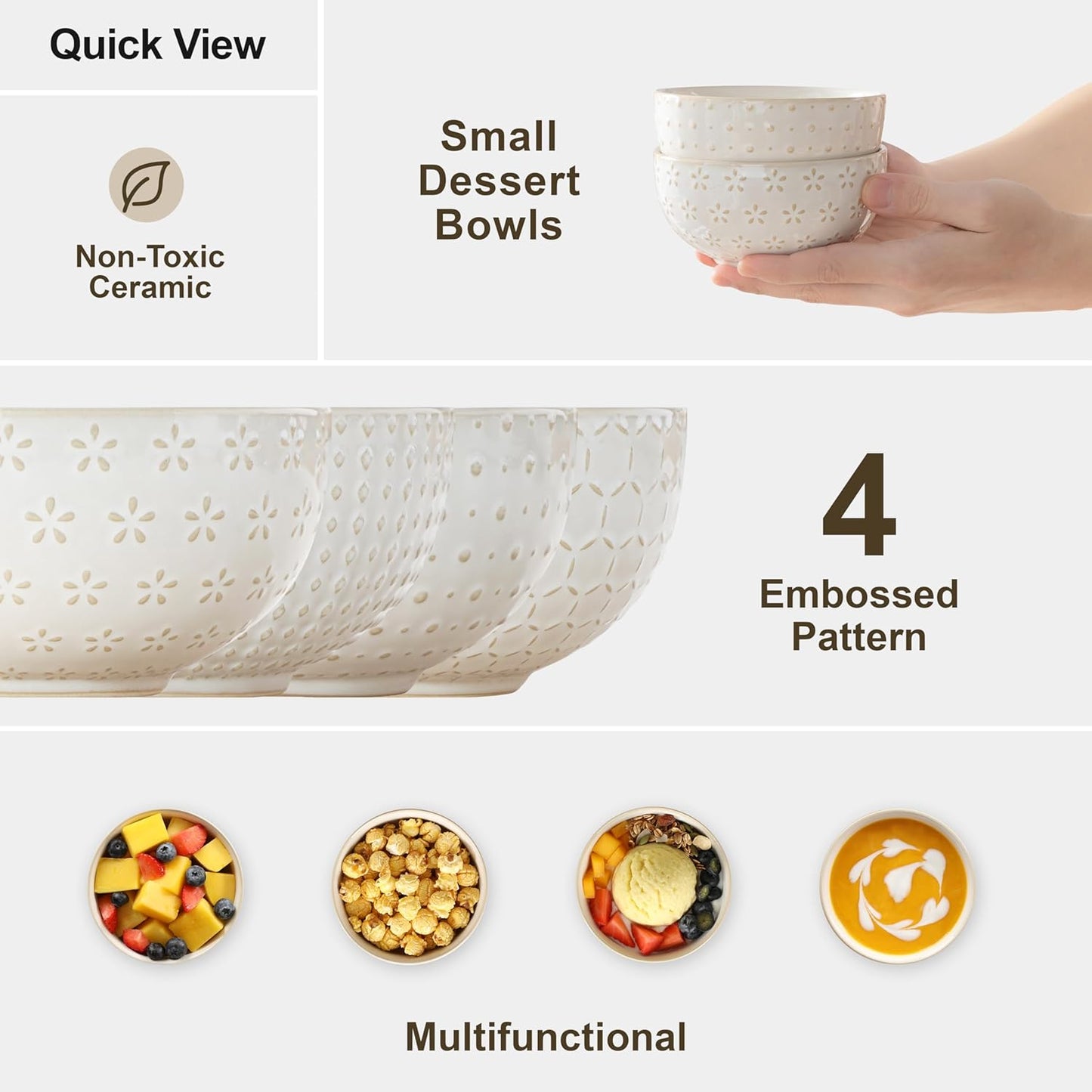 MALACASA Small Bowls, 14 Ounce Ice Cream Bowl, Stoneware Dessert Bowls Set of 4 with Embossment for Snack, Chip, Fruits, Side Dishes - 4.5 Inch, Arctic White Series LYDIA