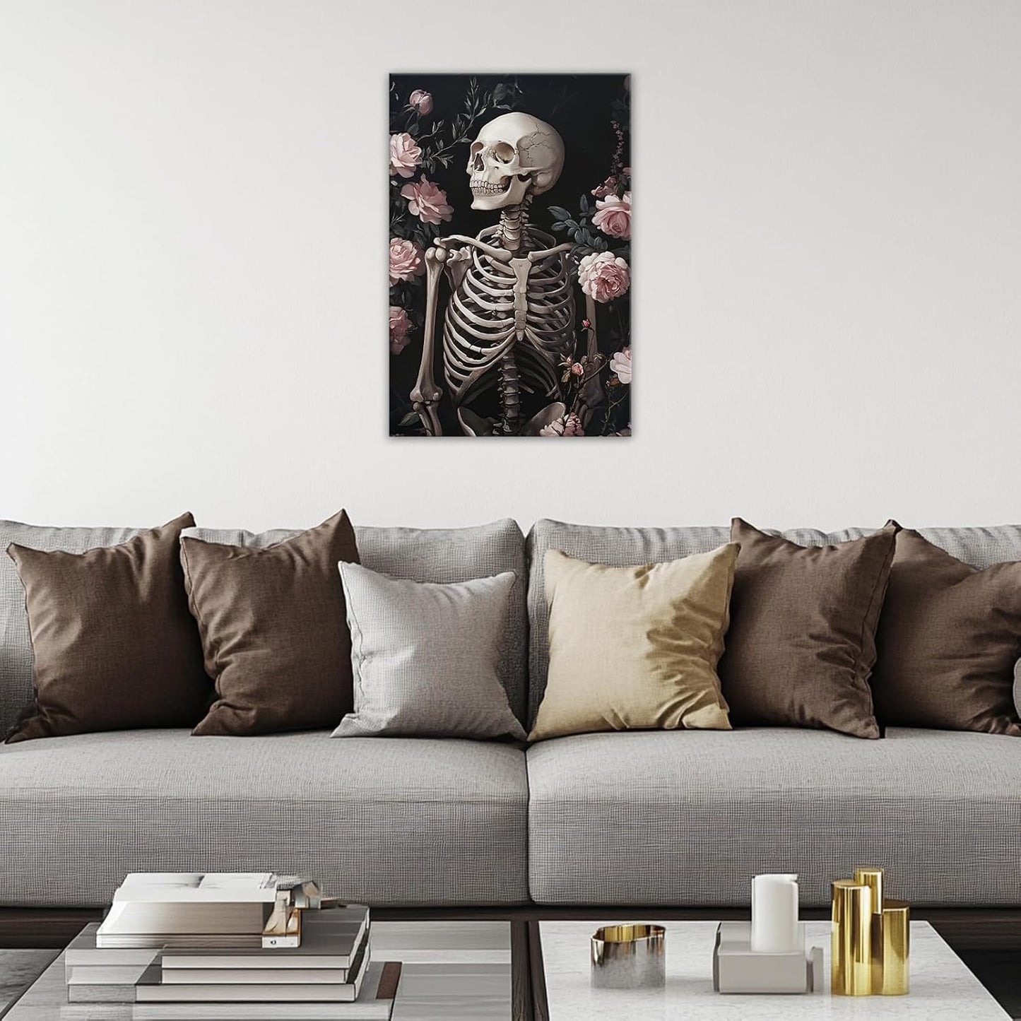 OAAPITI Skull Floral Wall Art Vintage Skeleton Portrait Canvas Print Dark Gothic Skull Art for Living Room Bedroom Home Wall Decor Ready to Hang(Artwork-10,20"x30")